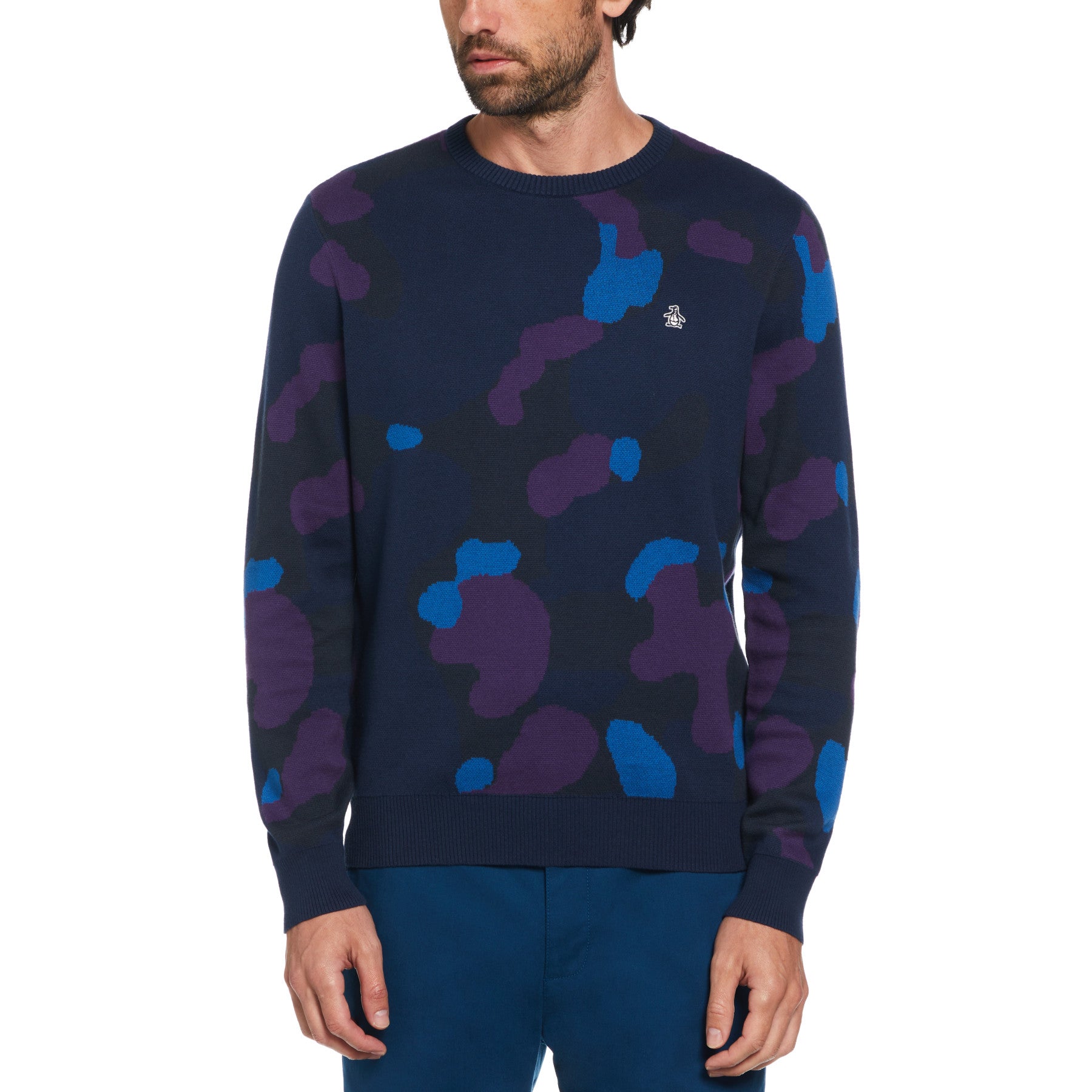 View Slim Fit Camo Print Jumper In Dress Blues information