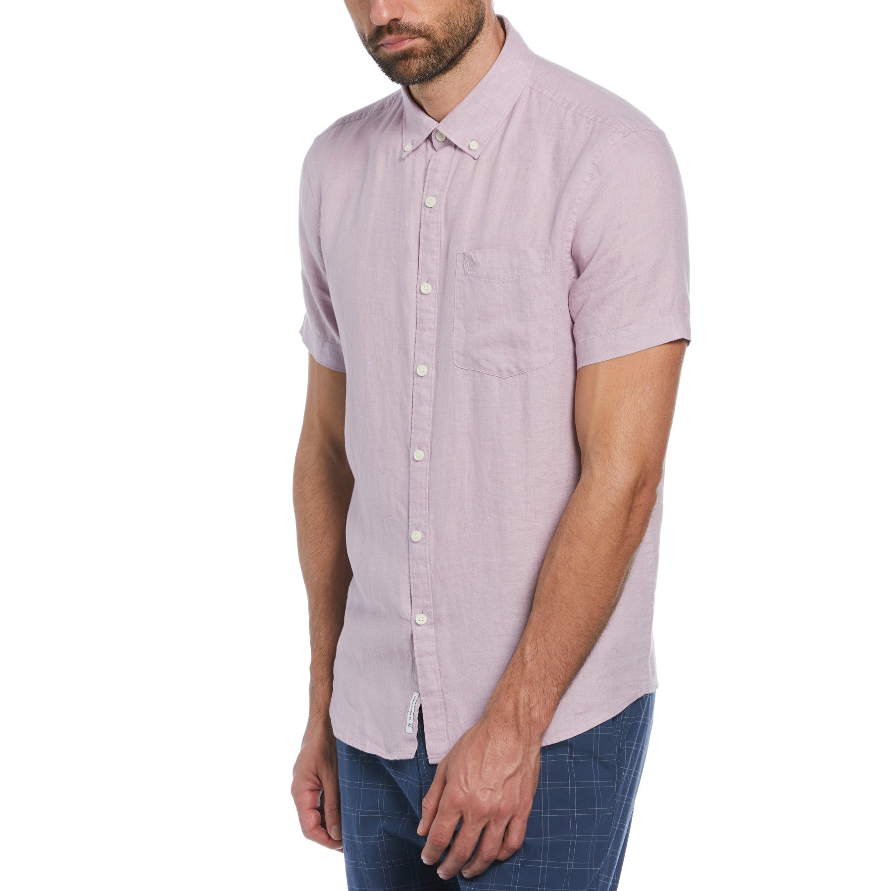 View Delave Linen Short Sleeve ButtonDown Shirt With Chest Pocket In Laven information