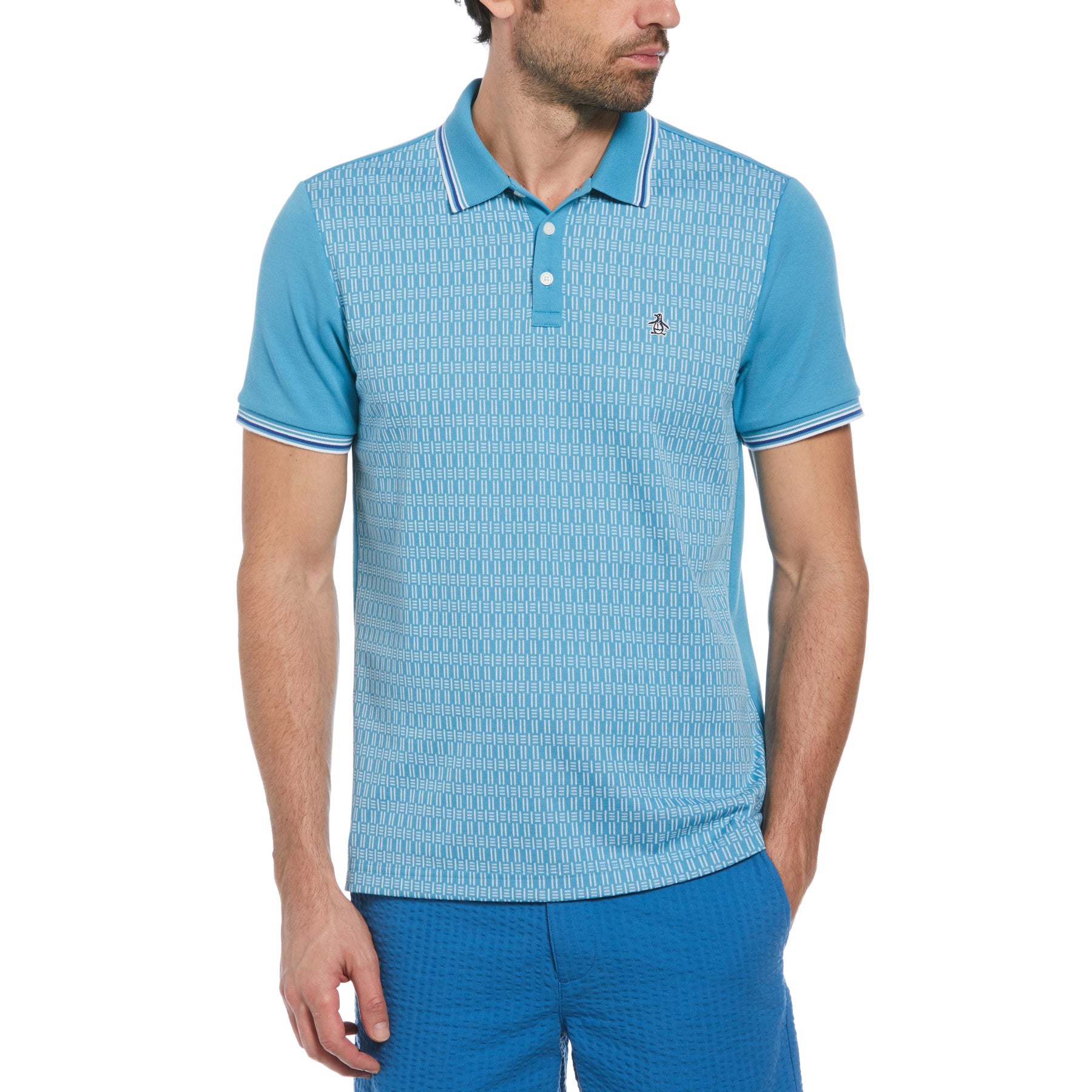View Jacquard Front Interlock Polo Shirt In Blue Moon information