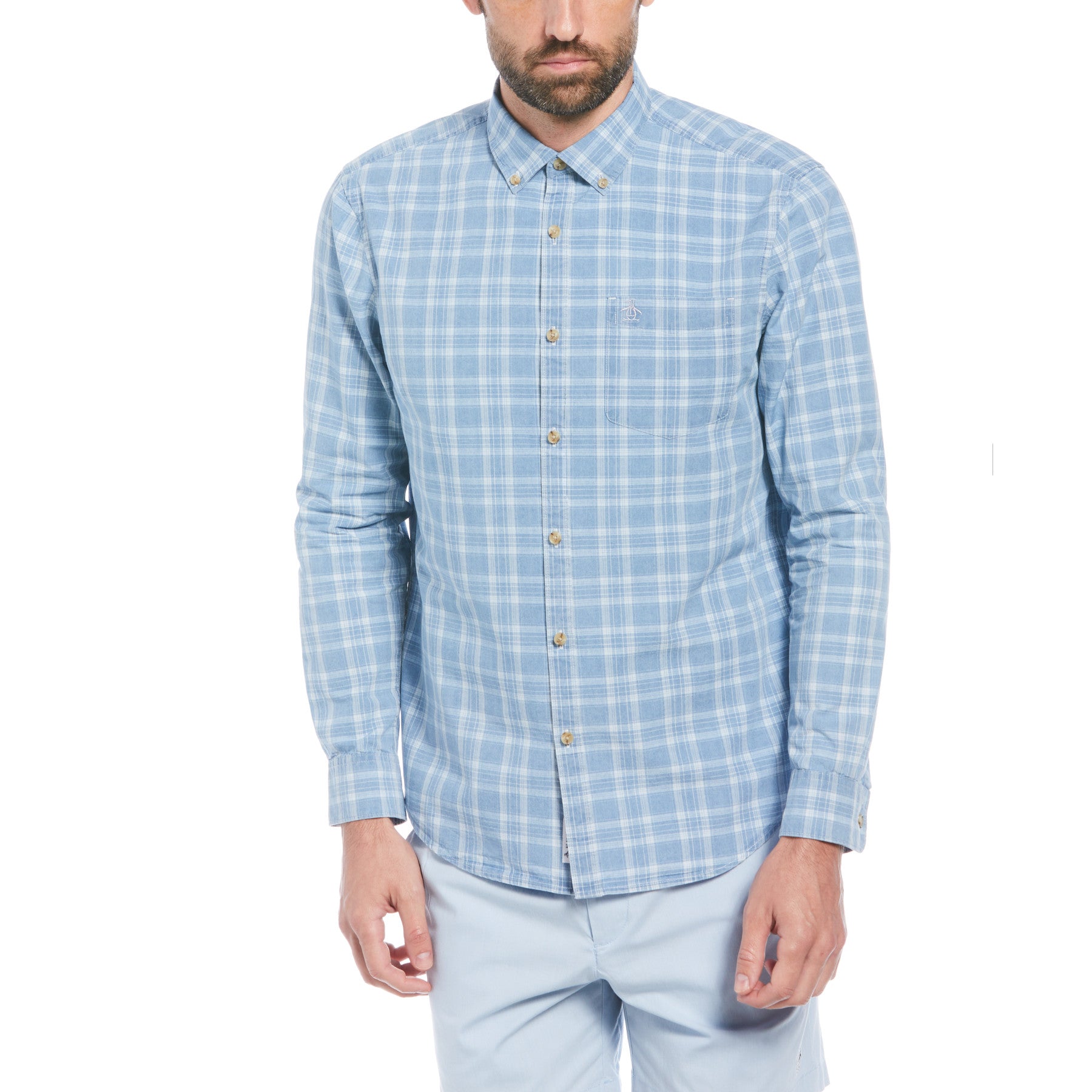 Cotton Indigo Plaid Print Long Sleeve Button-Down Shirt In Spring Lake