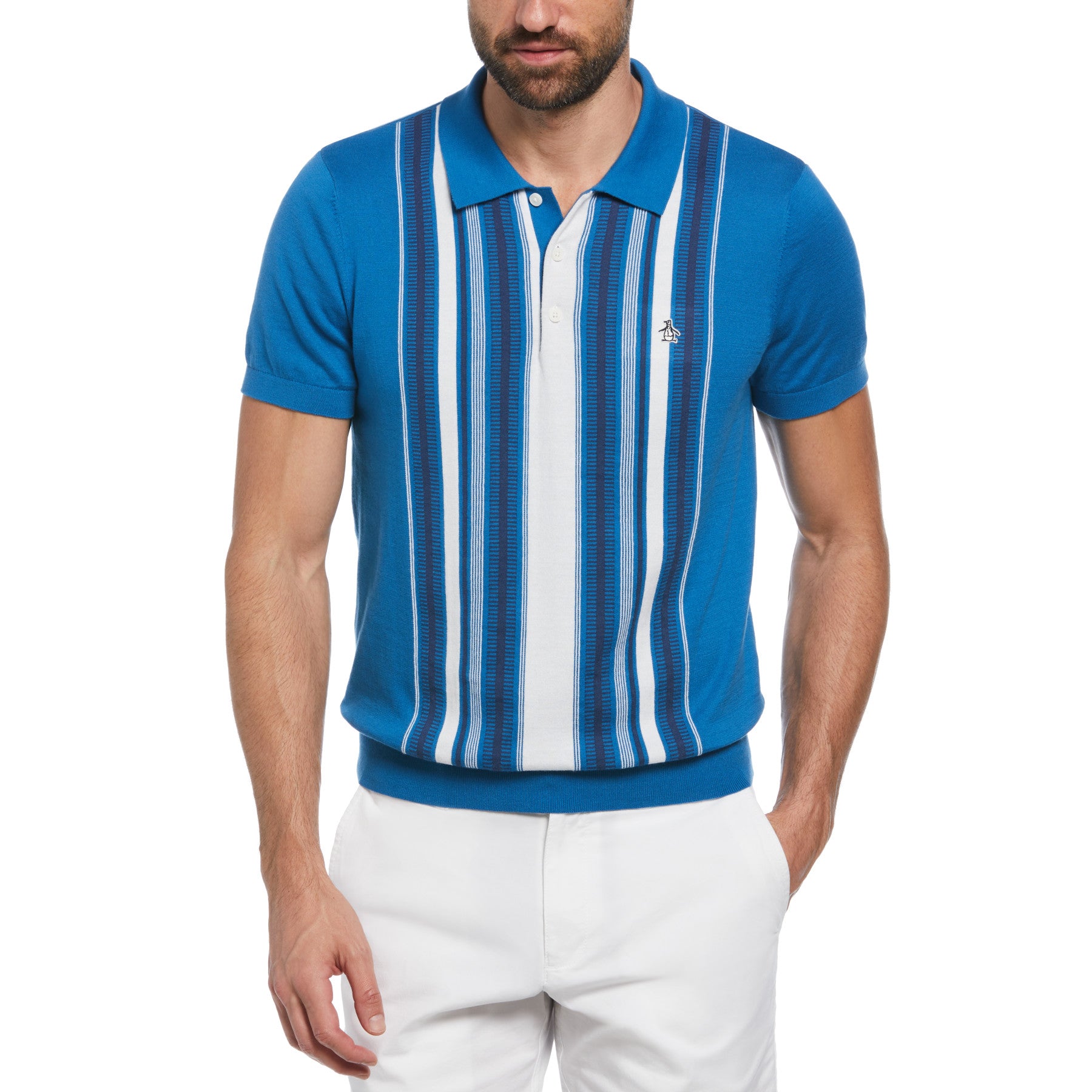 View Cashmere Like Cotton Verticle Stripe Sweater Polo Shirt In Vallarta Bl information