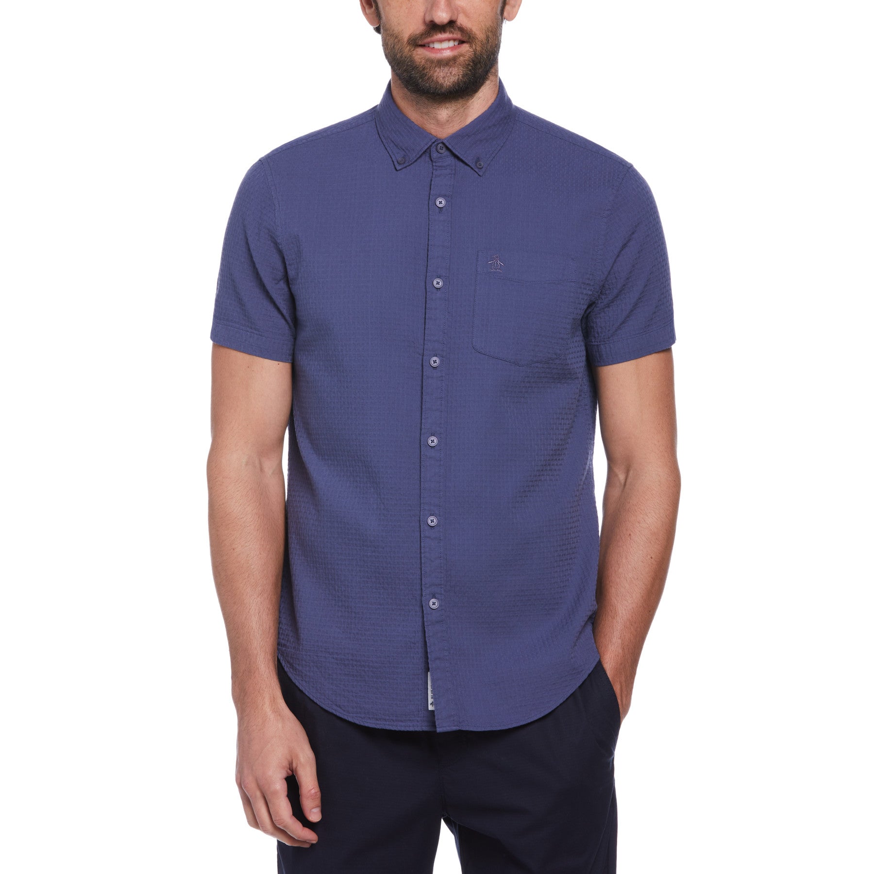 View Original Penguin Cotton Dobby Basketweave Textured Short Sleeve ButtonDown Shirt In Bl Blue Mens information