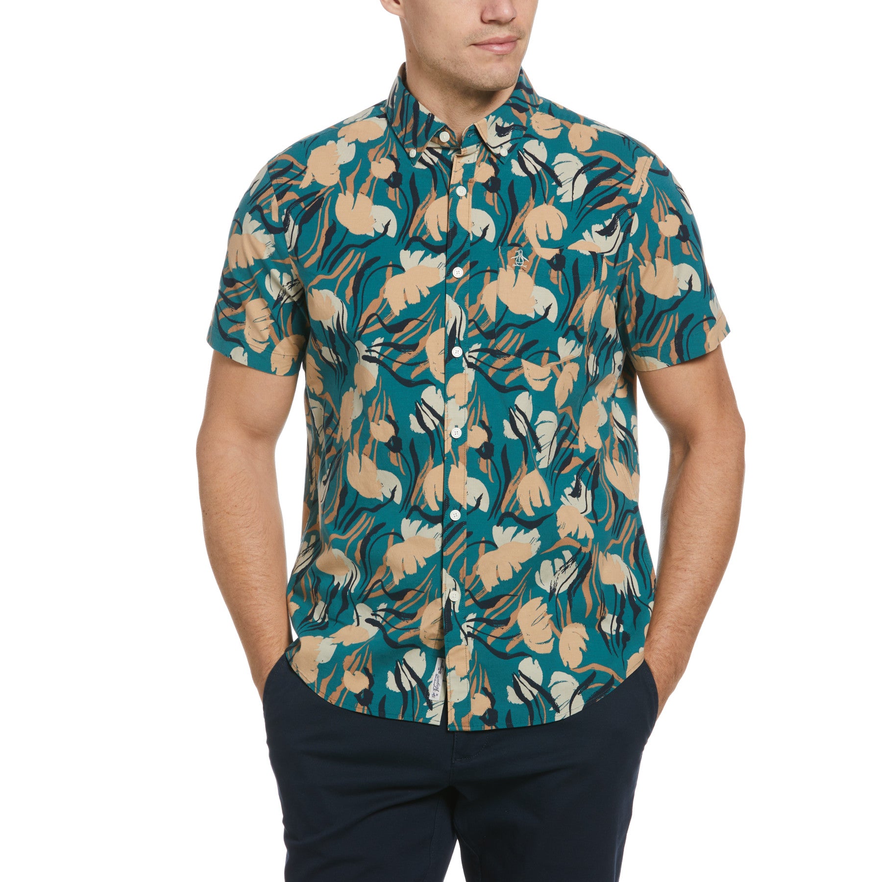 View Ecovero Blend Painted Floral Print Shirt In Pacific information