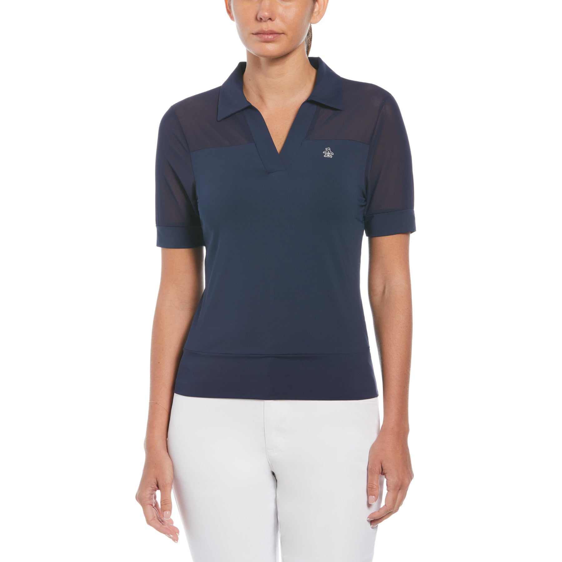 View Womens Mesh Blocked Half Sleeve Golf Polo Shirt In Black Iris information