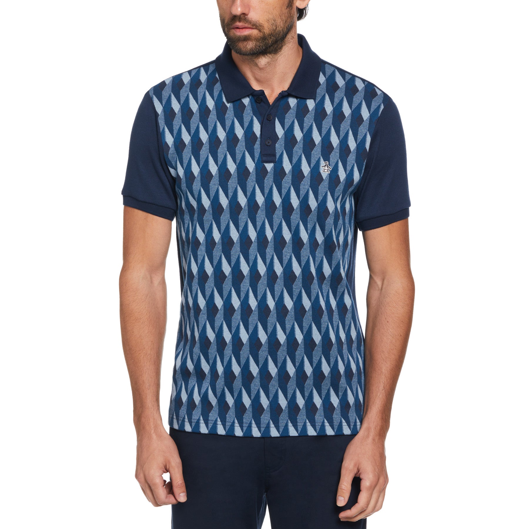View Jacquard Front Diamond Geo Print Polo Shirt In Dress Blues information