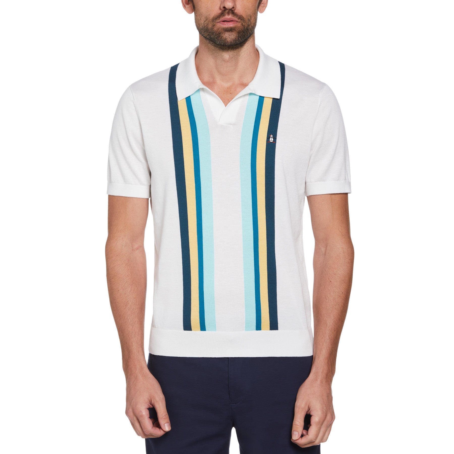 View Original Penguin Icons Short Sleeve Textured Vertical Stripe Polo Jumper In Bright Whit White Mens information