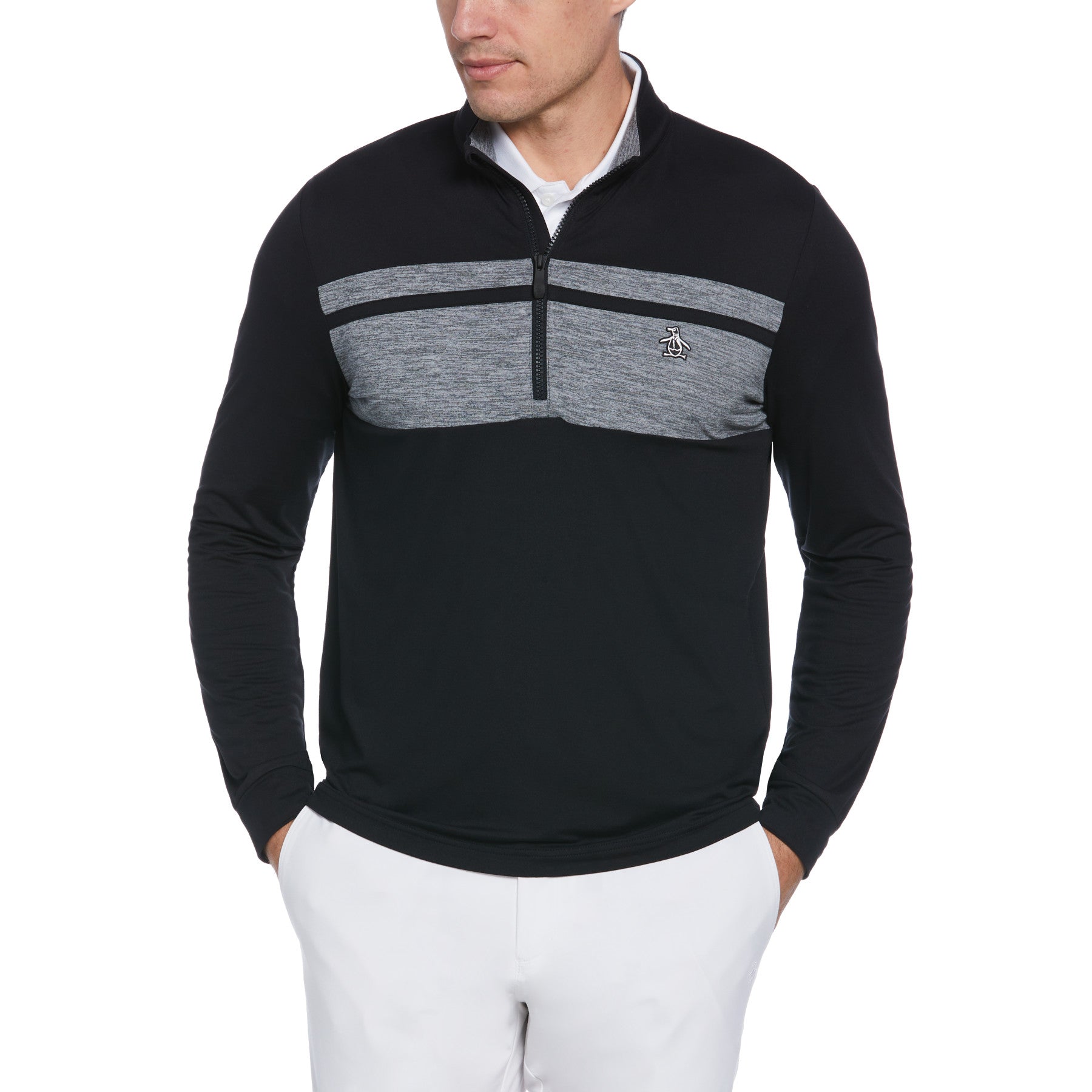 View Original Penguin Colour Block Quarter Zip Long Sleeve Golf Jumper In Caviar Black Mens information