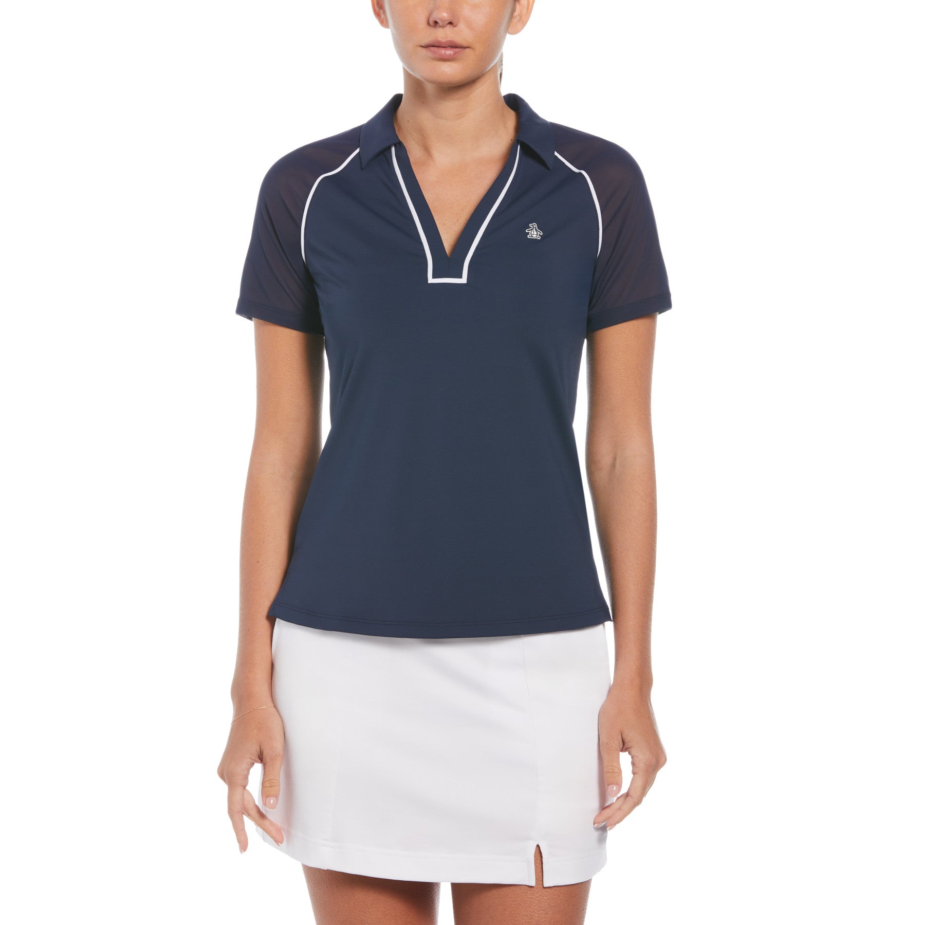 Women’s V-Neck Mesh Block Short Sleeve Golf Polo Shirt With Contrast Piping In Black Iris