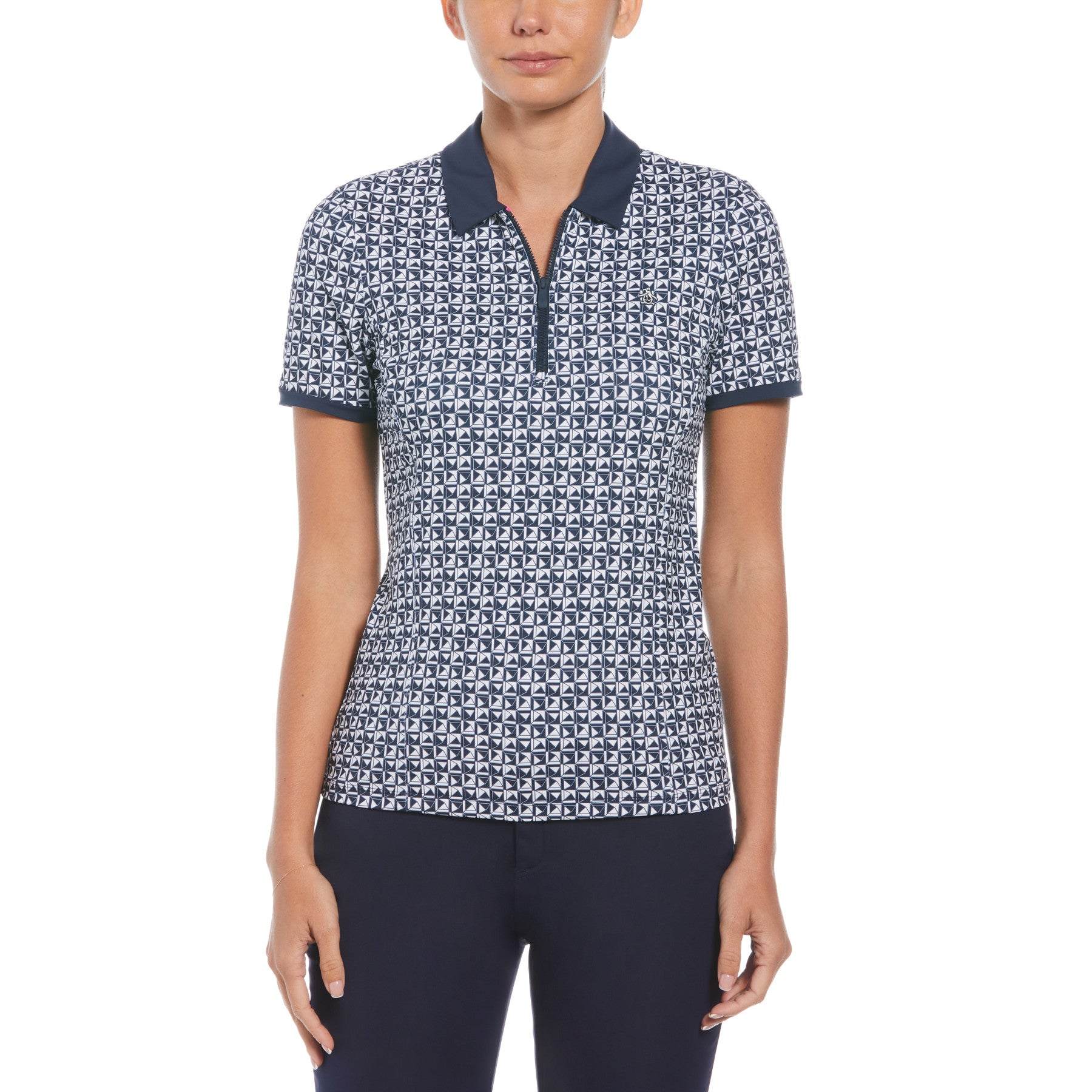 View Womens Geometric Print Short Sleeve Golf Polo Shirt With Mesh Inserts information