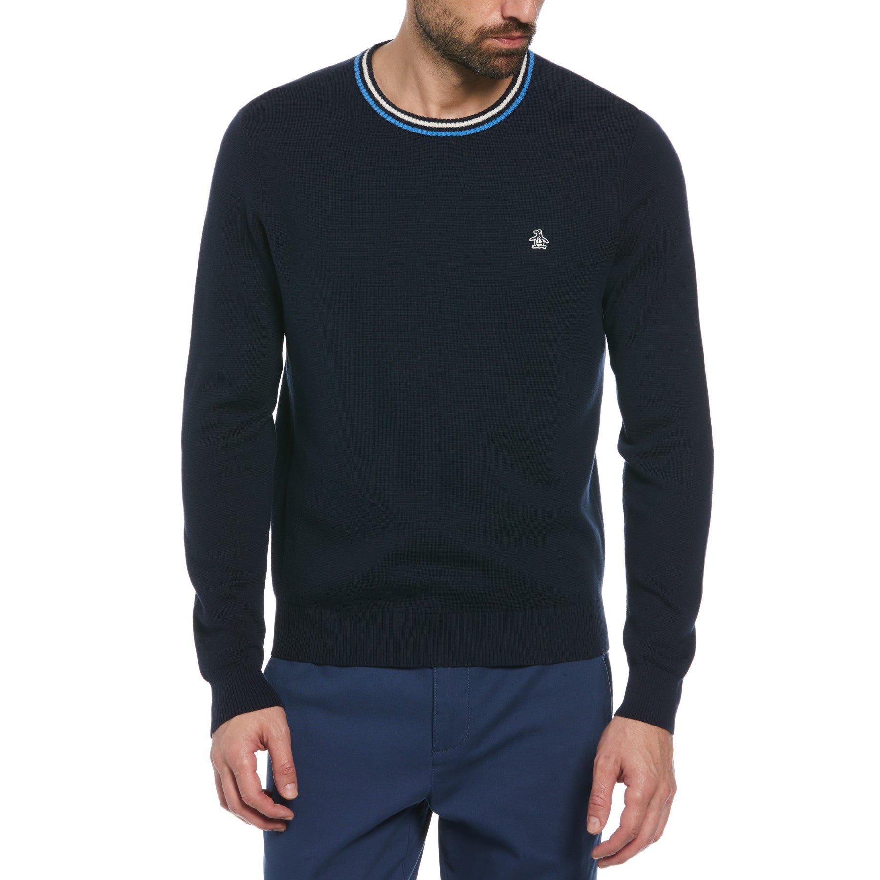 View Original Penguin Tipped Crew Neck Jumper In Dark Sapphire Blue Mens information