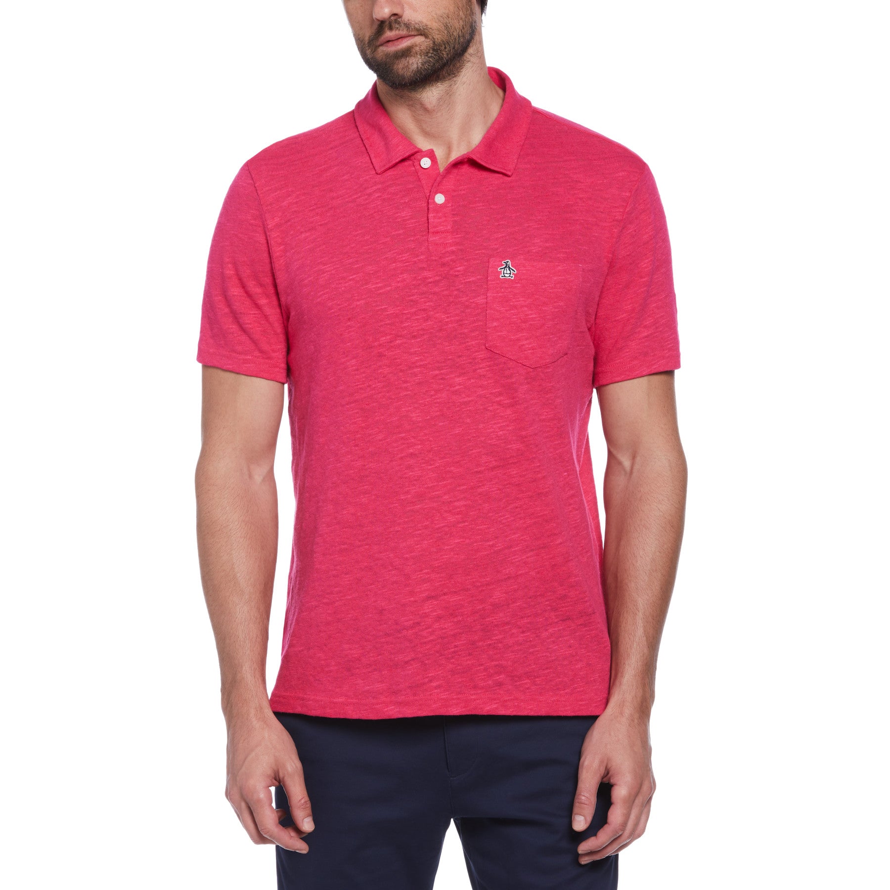 View Linen Cotton Slub Short Sleeve Polo Shirt In Raspberry Sorbet information