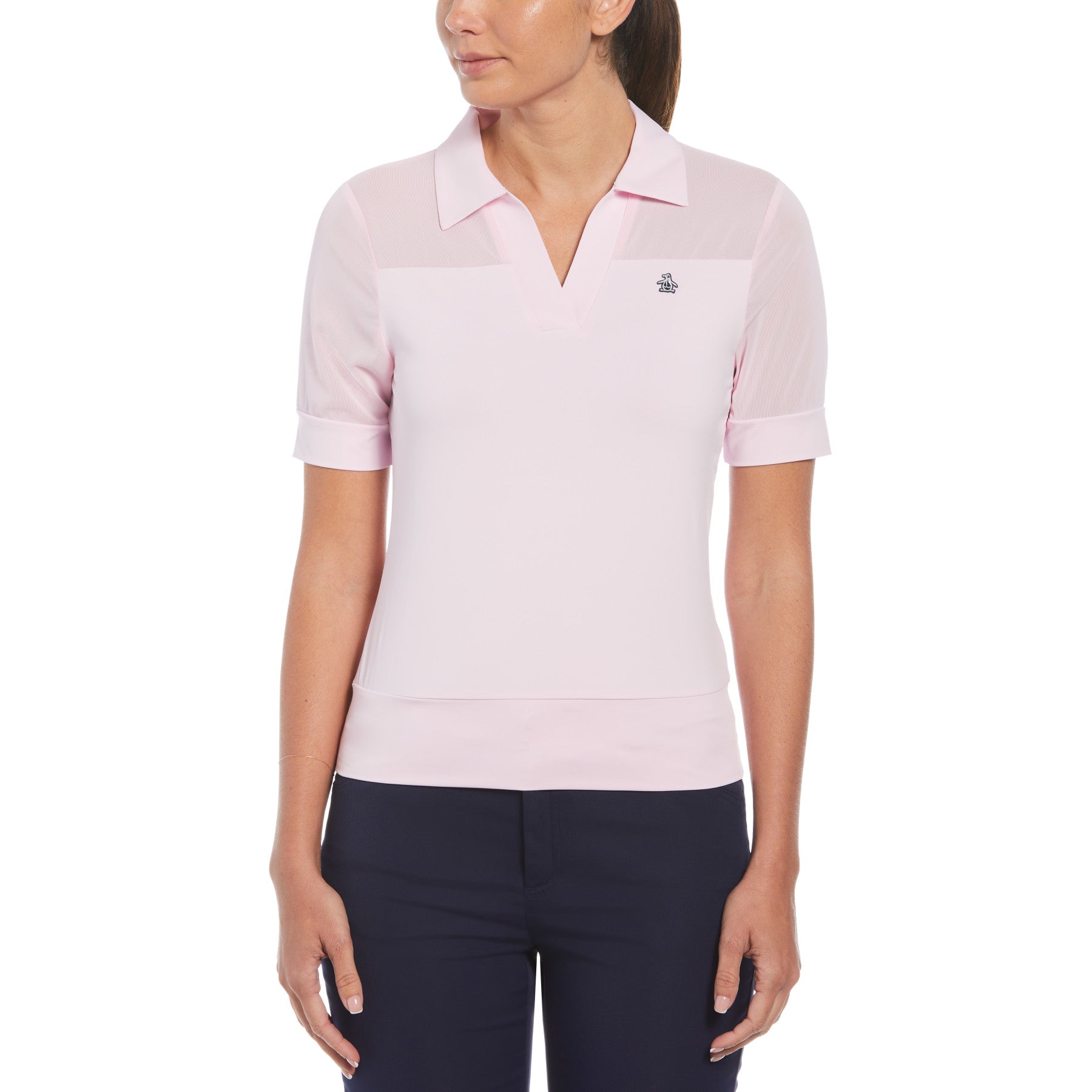 View Original Penguin Womens Mesh Blocked Half Sleeve Golf Polo Shirt In Gelato Pink Pink Womens information