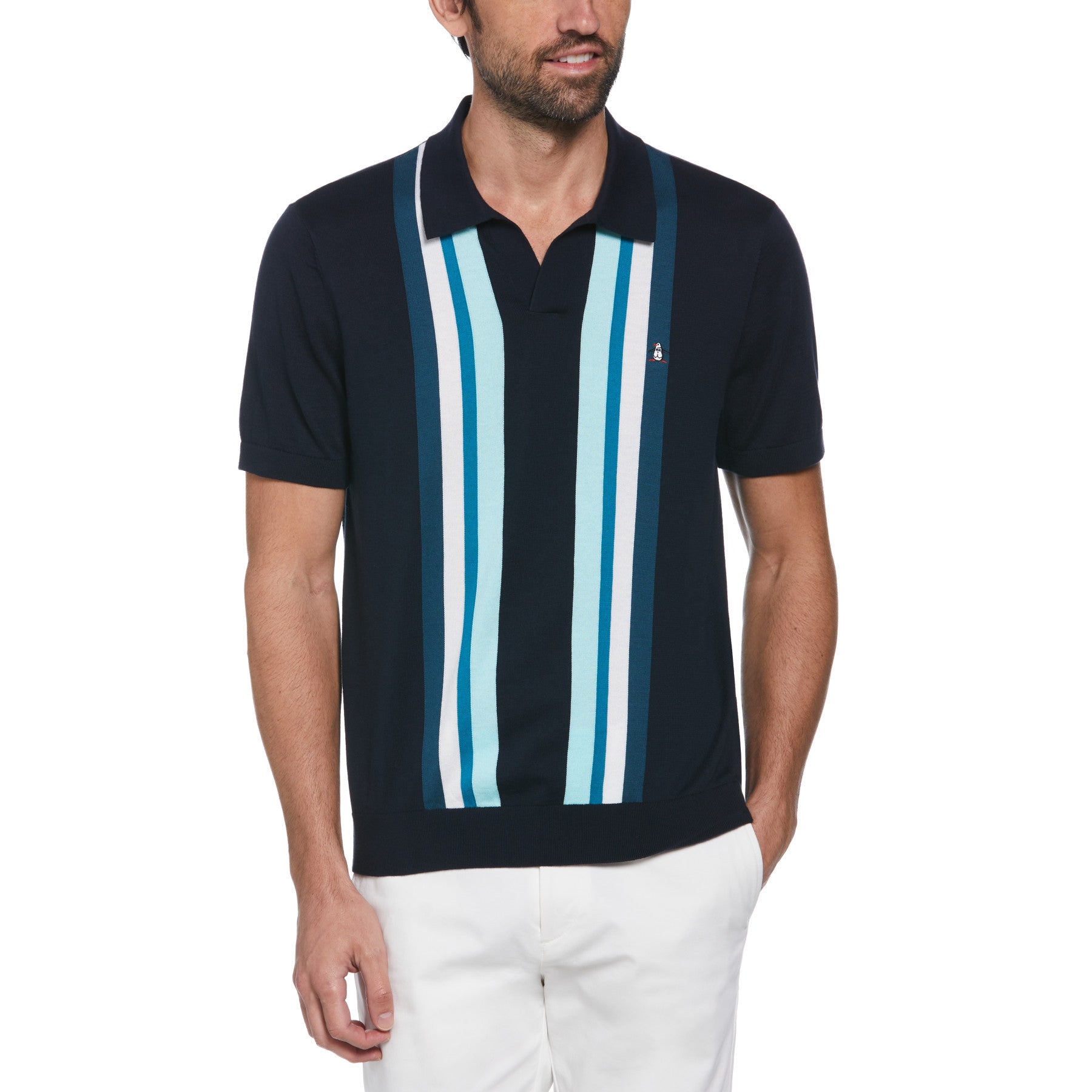 View Icons Short Sleeve Textured Vertical Stripe Polo Jumper In Dark Sapphi information