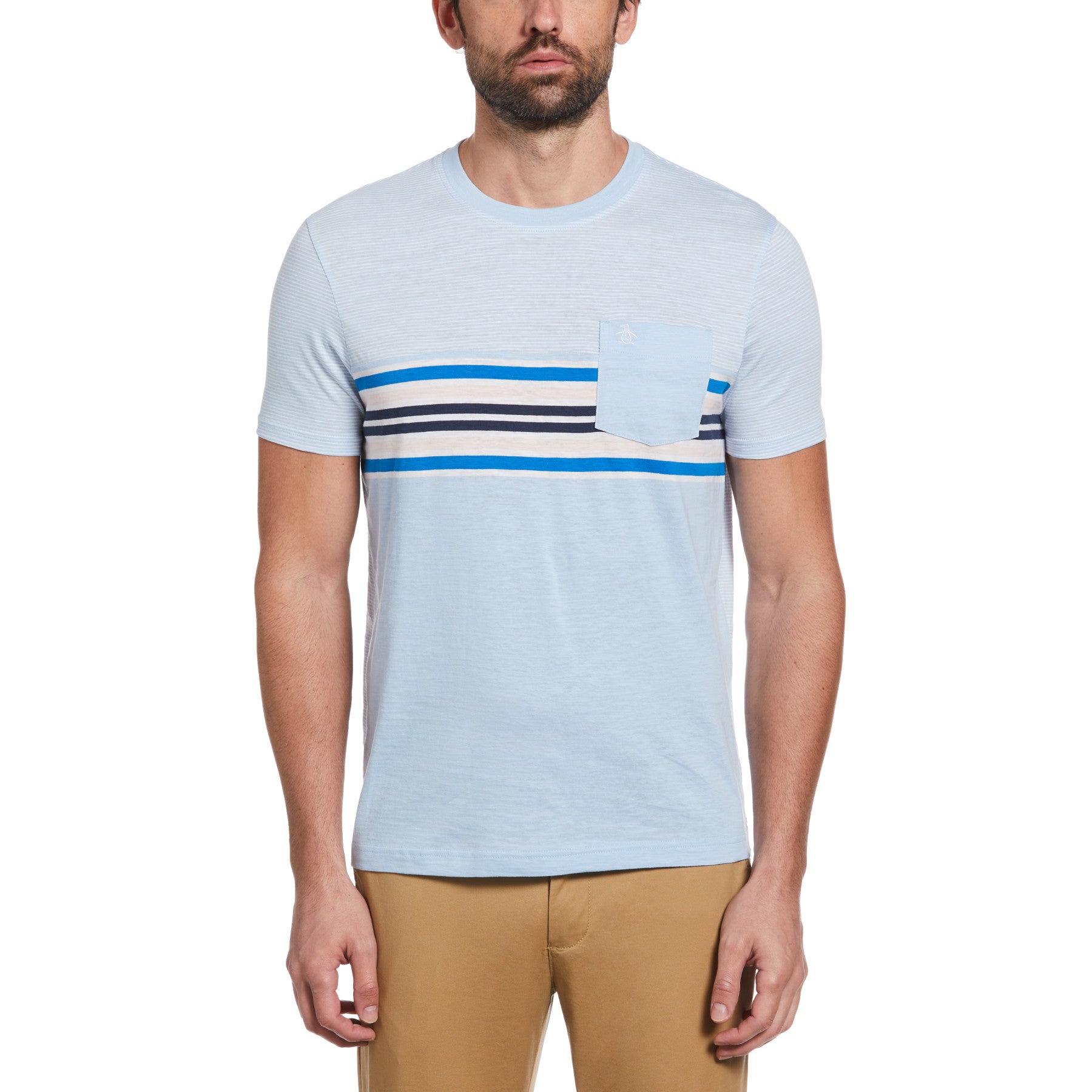 View Striped Colour Block Pocket TShirt In Cerulean information