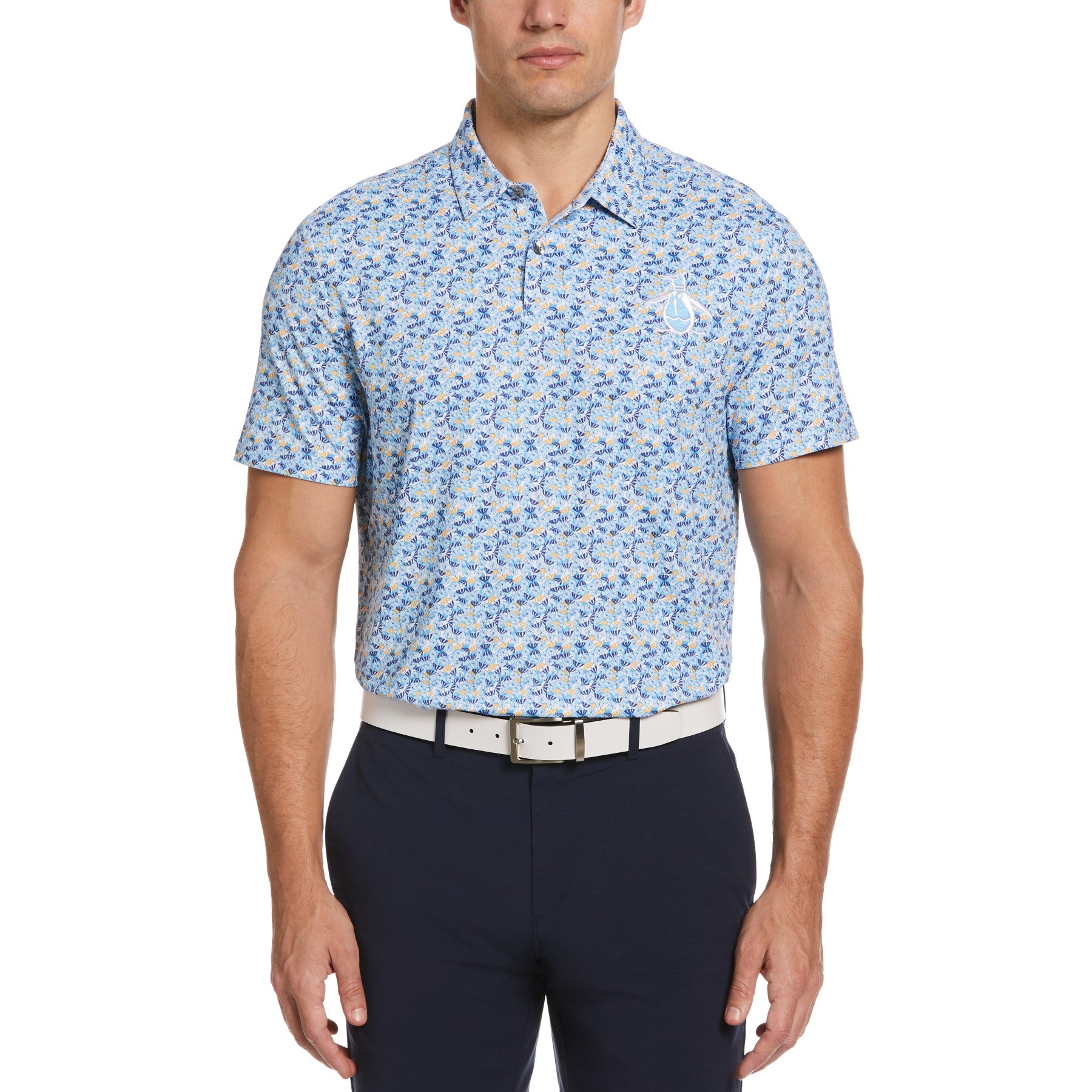 View Original Penguin Umbrella Novelty Print Golf Polo Shirt In Aquarius Blue Mens information