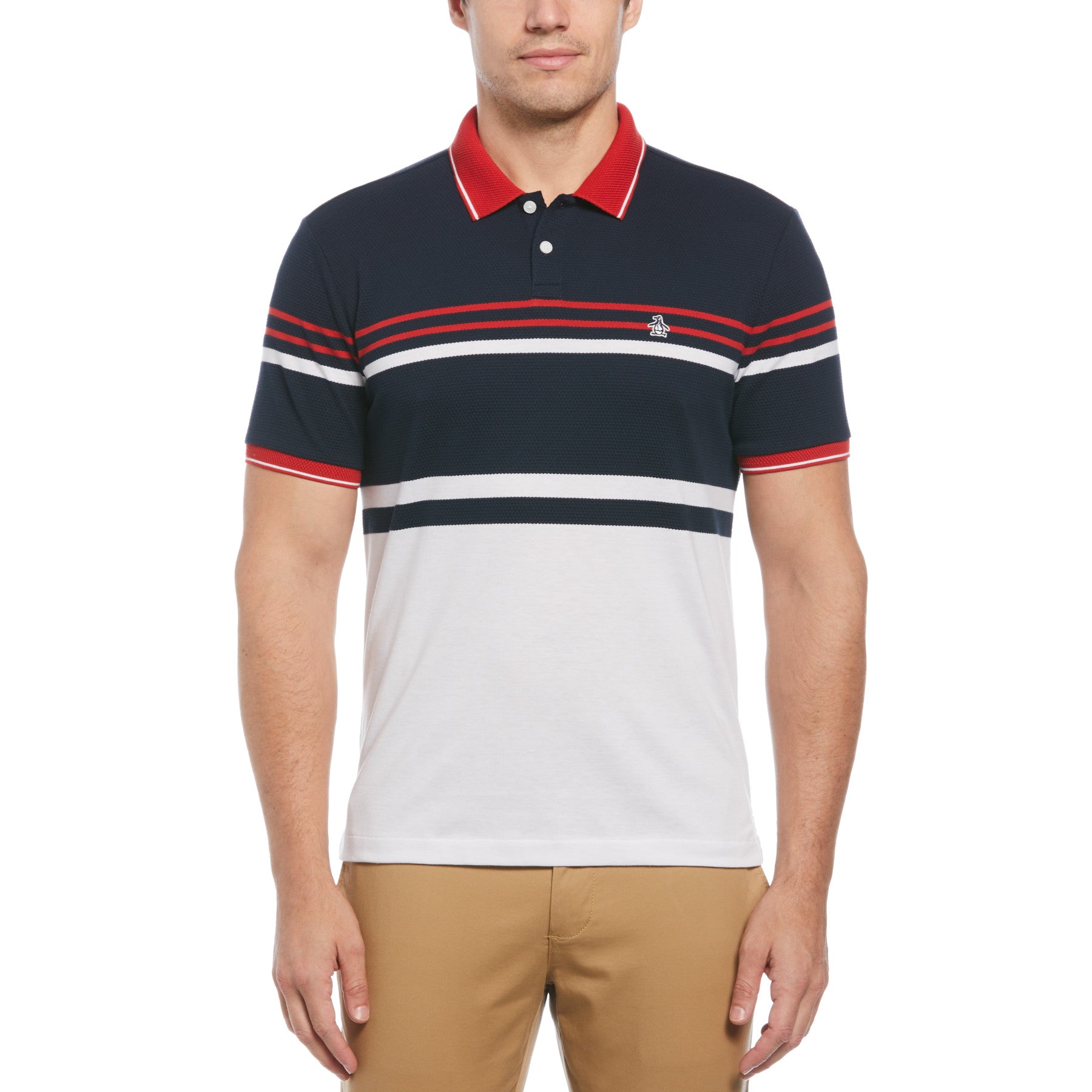 View Jacquard Honeycomb Stripe Pattern Short Sleeve Polo Shirt In Bright Wh information