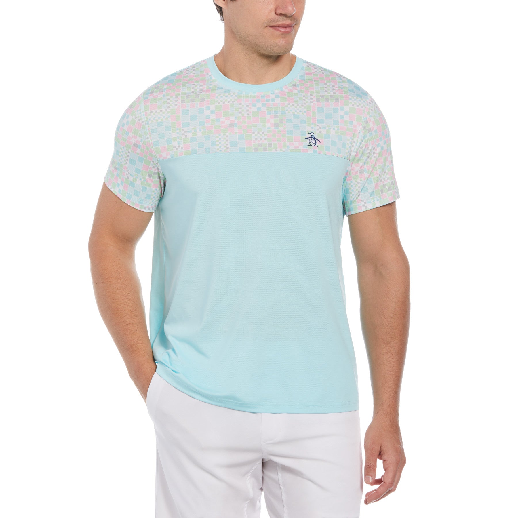 View Original Penguin Checkerboard Block Performance Tennis TShirt In Tanager Turquoise Blue Mens information