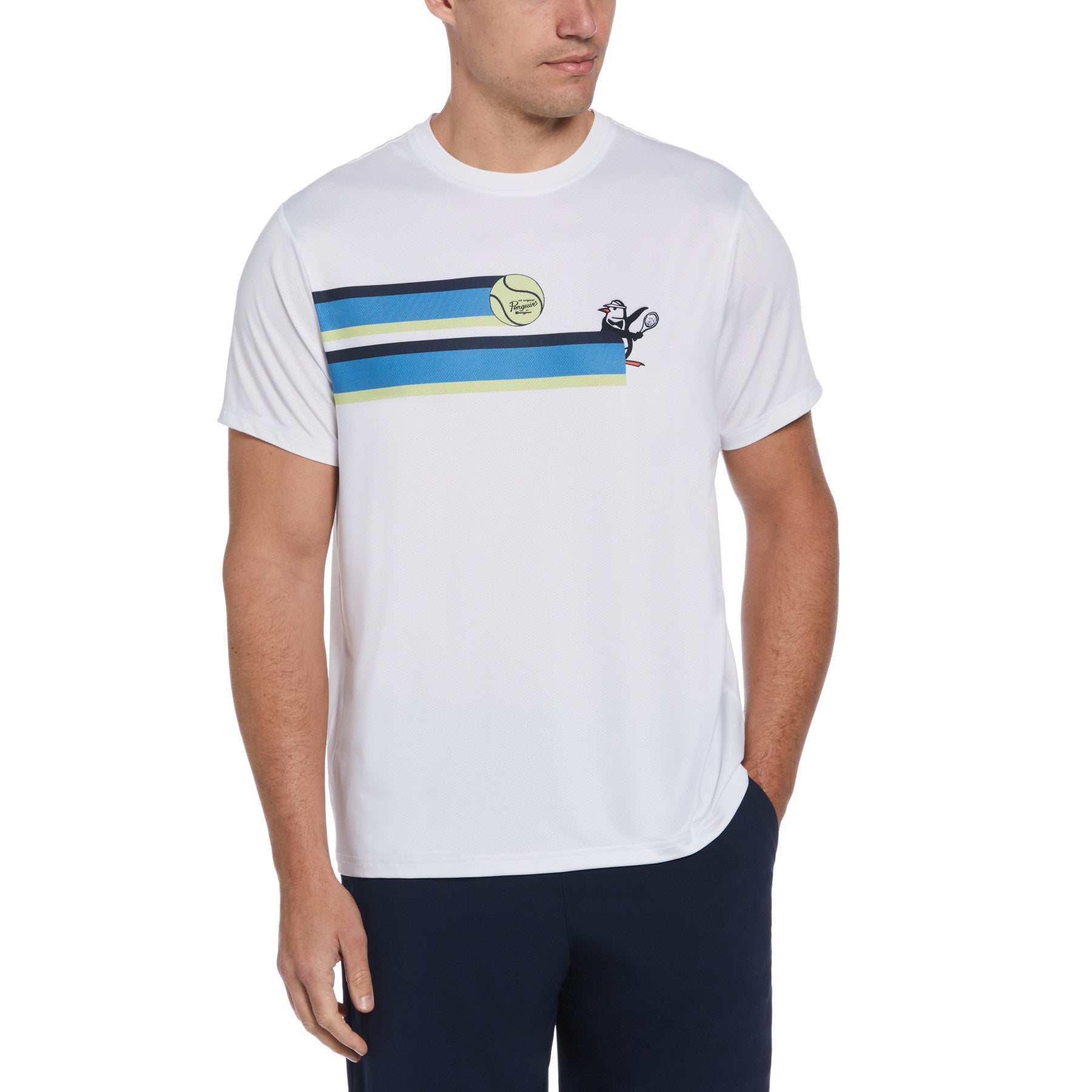 View 80S Stripe Graphic Tennis TShirt In Bright White information