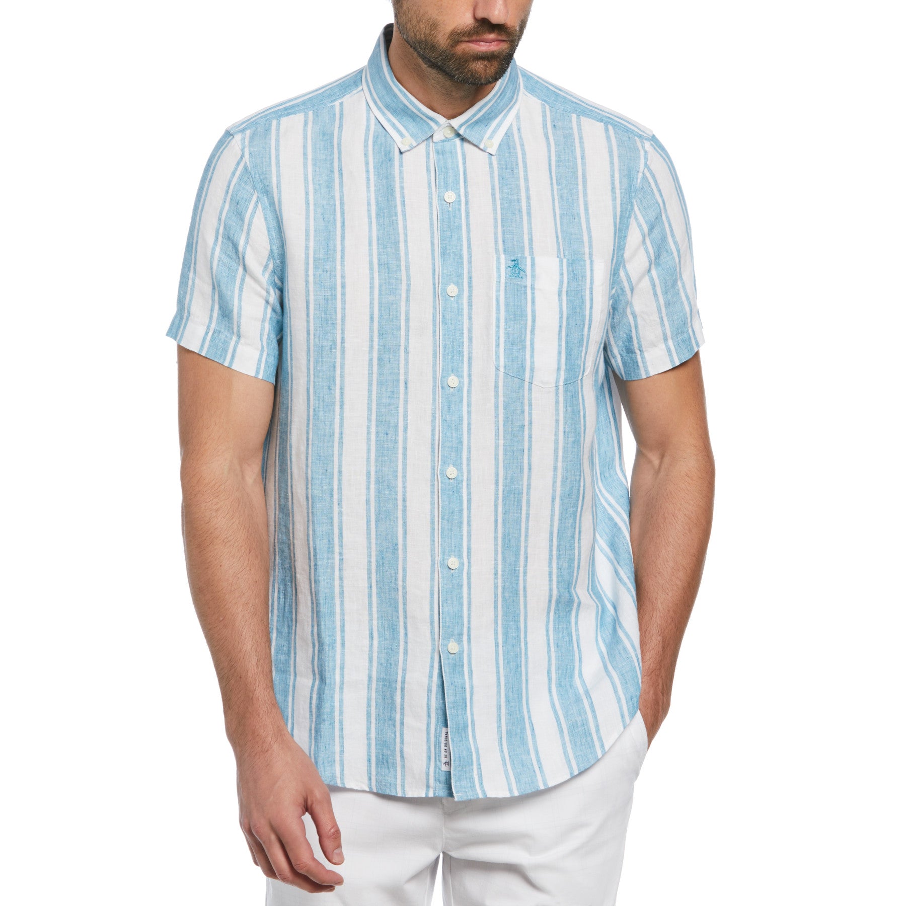 View Delave Linen Short Sleeve ButtonDown Shirt In Blue Moon information