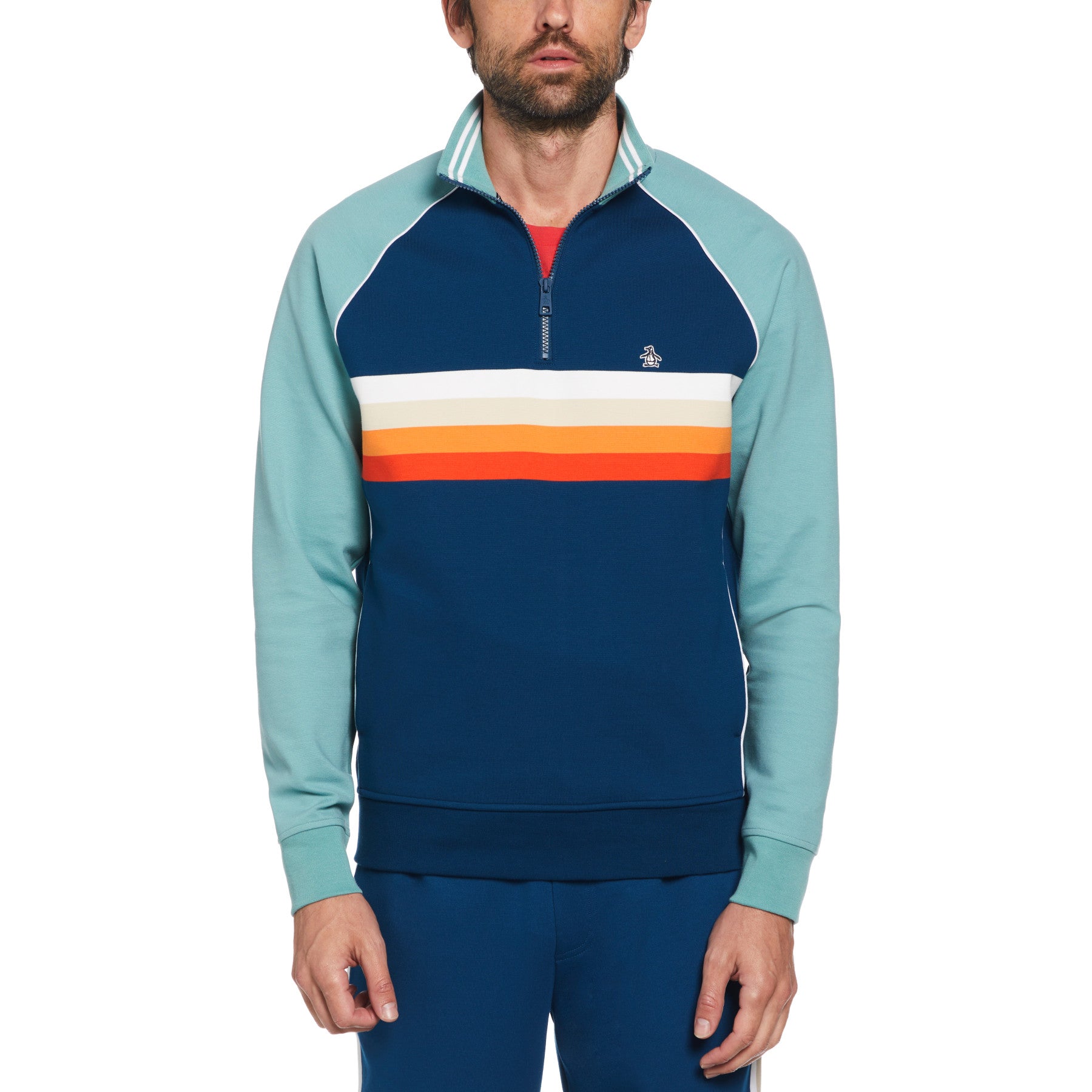 View Quarter Zip Color Block Stripe Sweatshirt In Poseidon Blue information