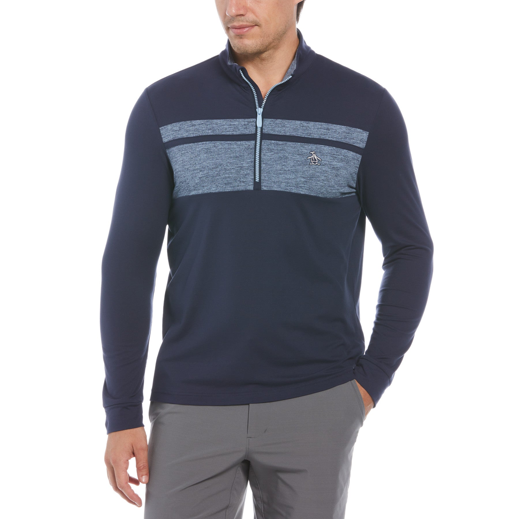 View Colour Block 14 Zip Long Sleeve Golf Sweater In Black Iris information