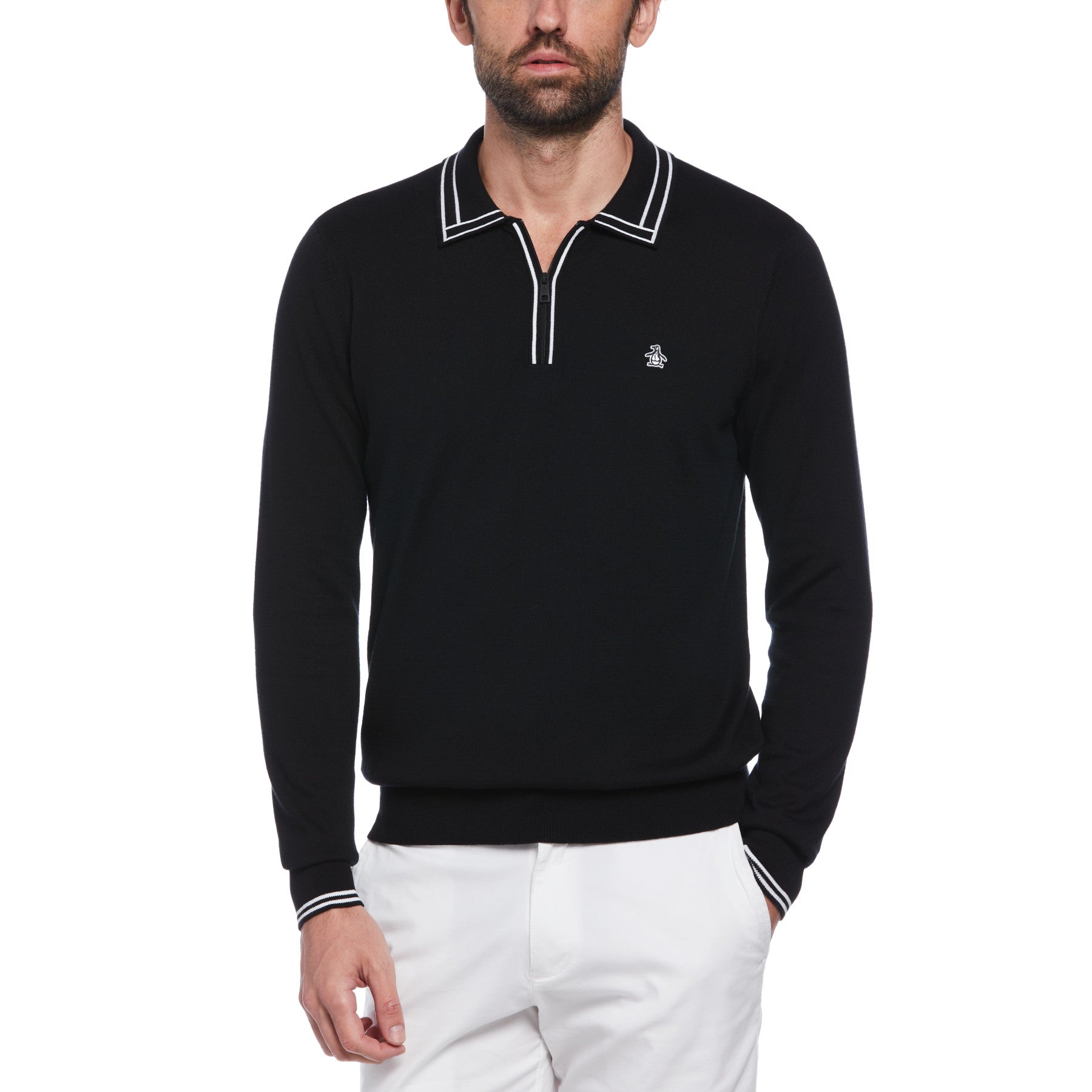 View Long Sleeve Quarter Zip Polo Jumper In True Black information