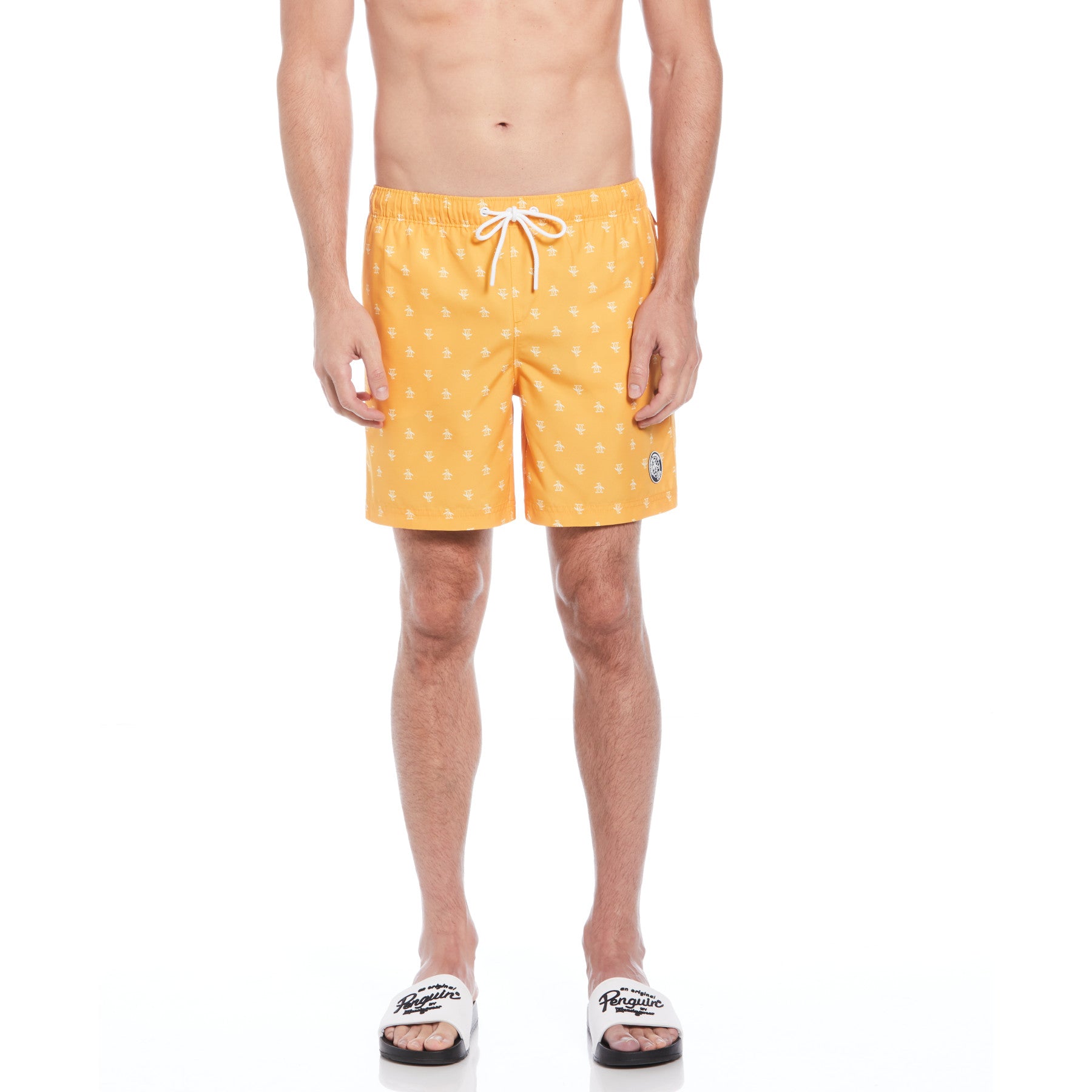 View Original Penguin Repete Print Swim Shorts In Butterscotch Yellow Mens information
