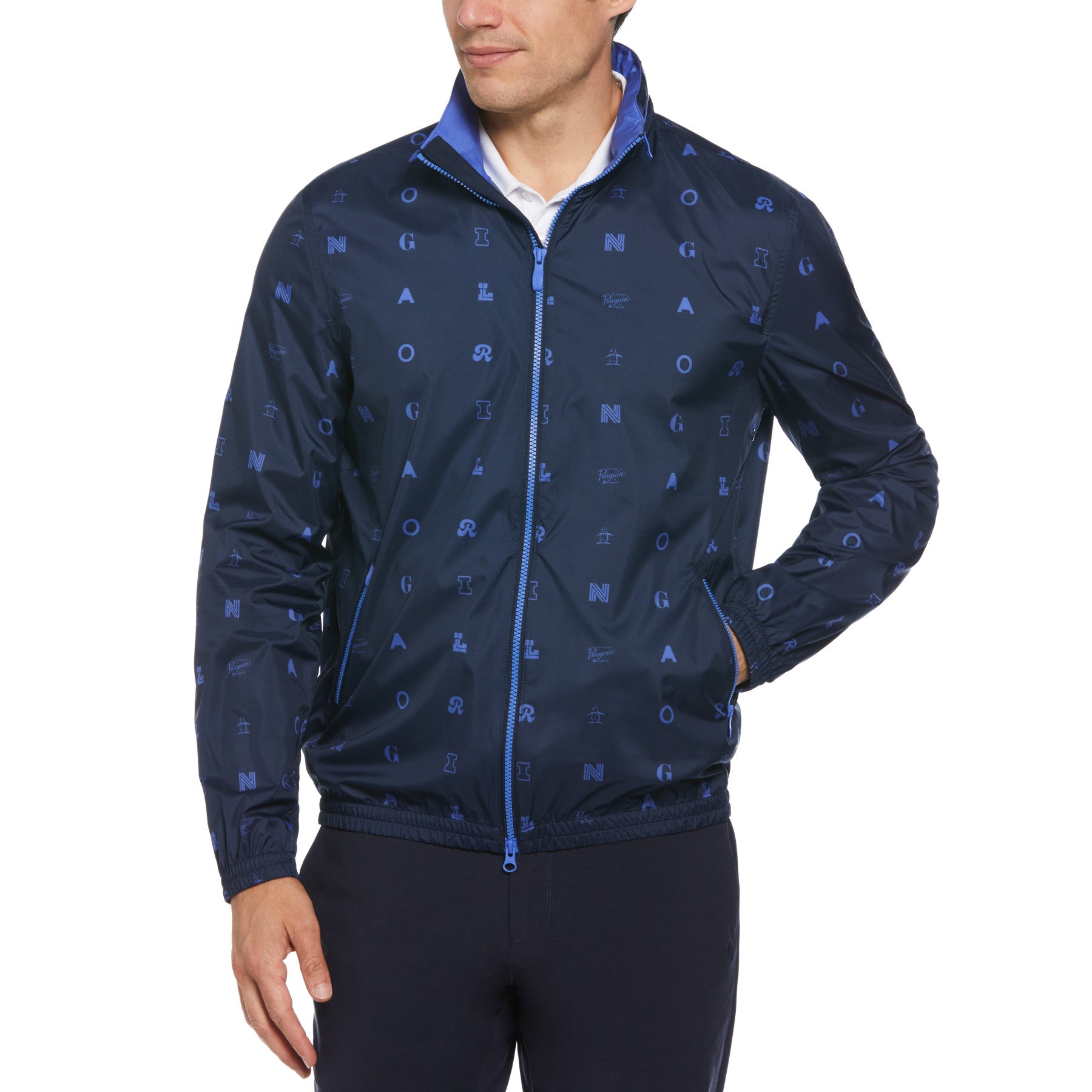 View Original Penguin Logo Print Golf Wind Jacket With Hidden Hood In Black Iris Blue Mens information