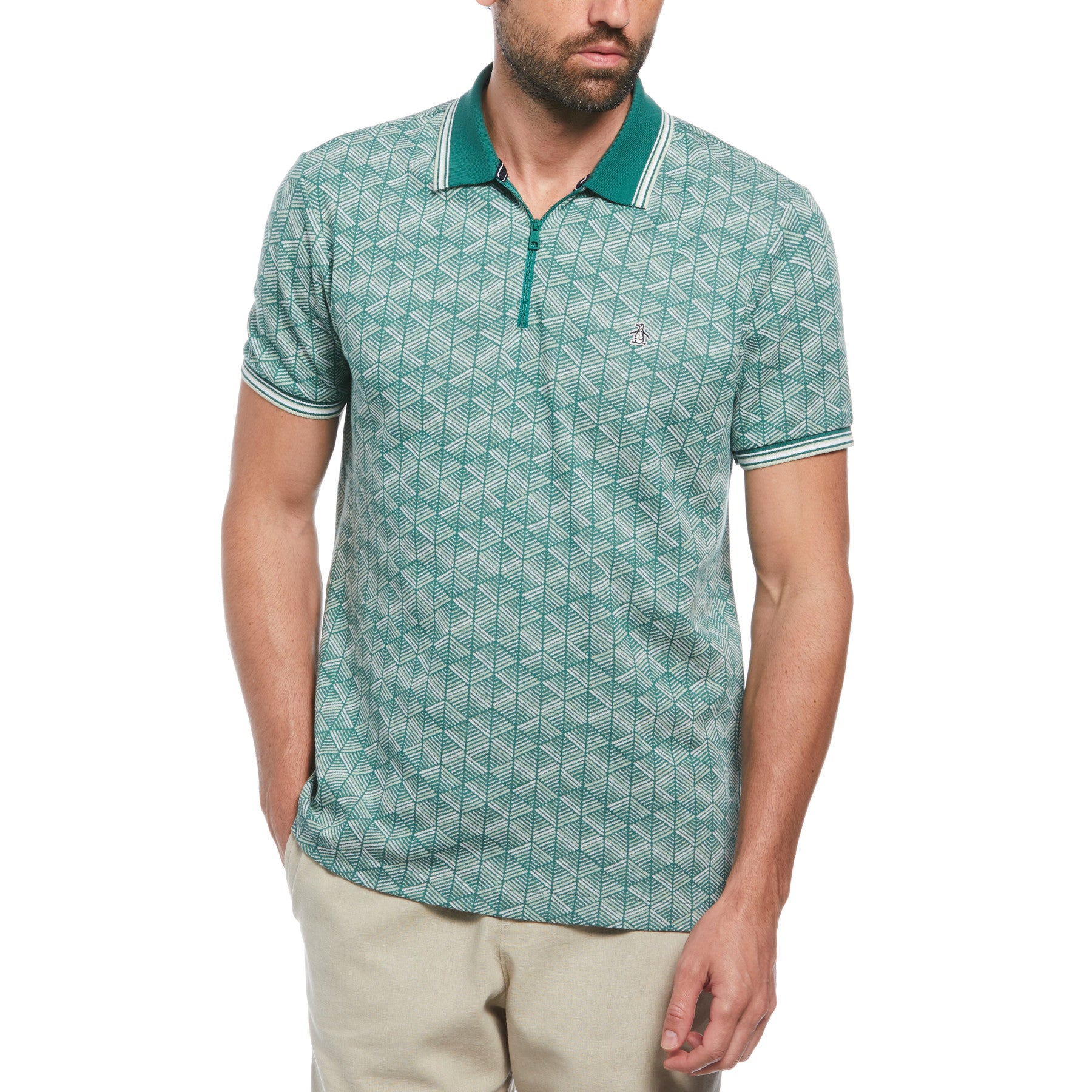 View Jacquard Geometric Print 14 Zip Short Sleeve Polo Shirt In Antique Gr information