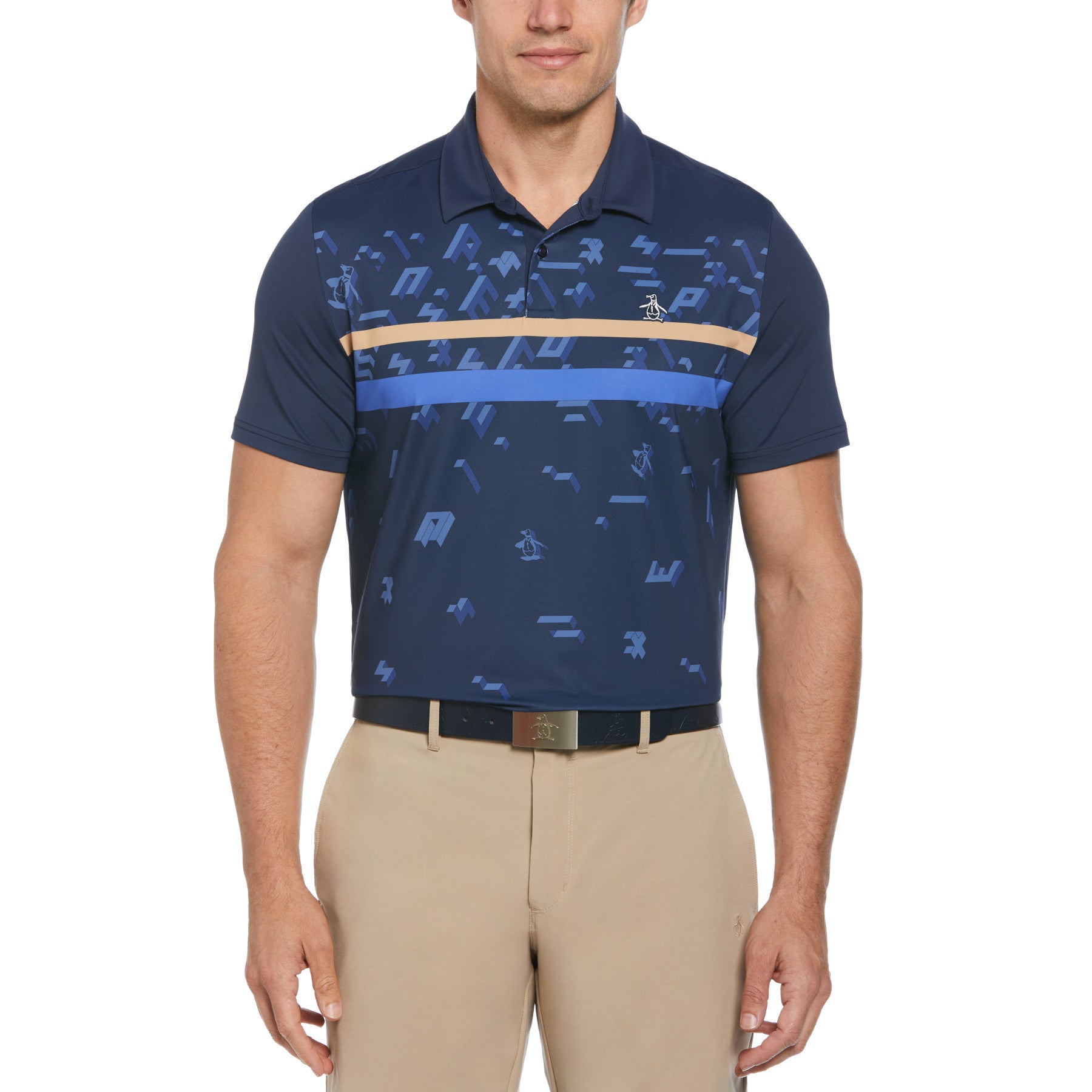 View Original Penguin Got Game Engineered Striped Printed Golf Polo Shirt In Black Iris Blue Mens information