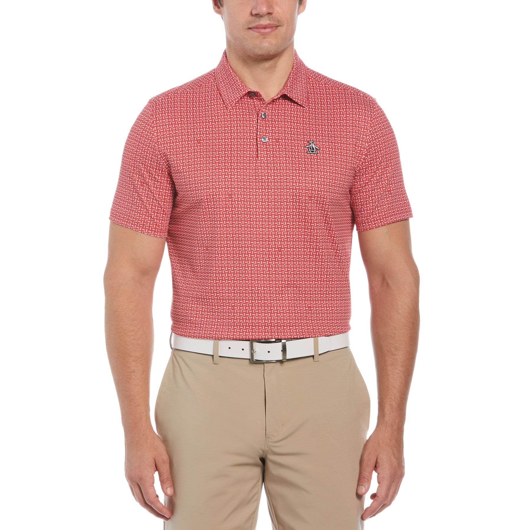 View Original Geometric Print Short Sleeve Golf Polo Shirt In Poinsettia information