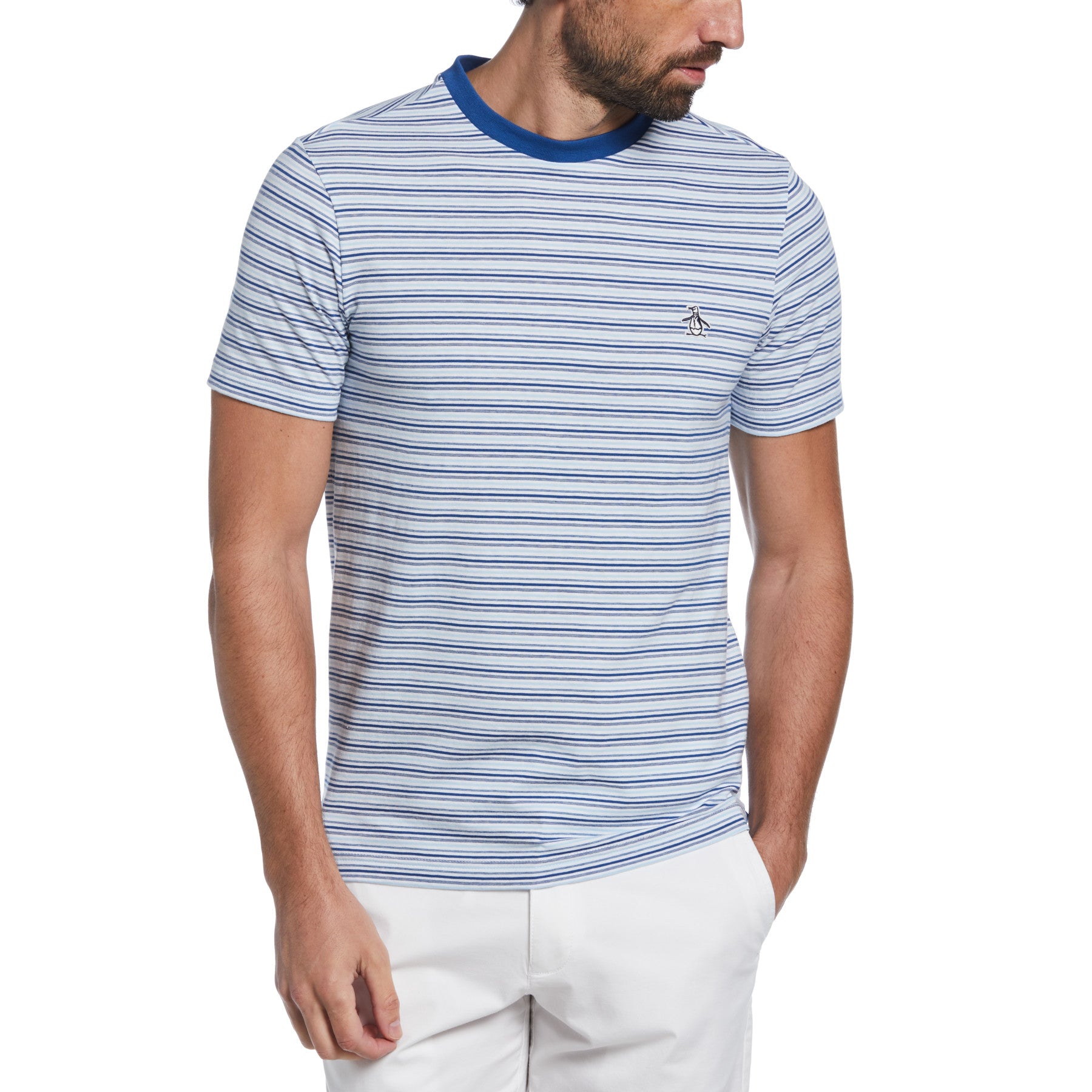 View Auto Stripe Cotton Slub Short Sleeve TShirt In Cerulean information