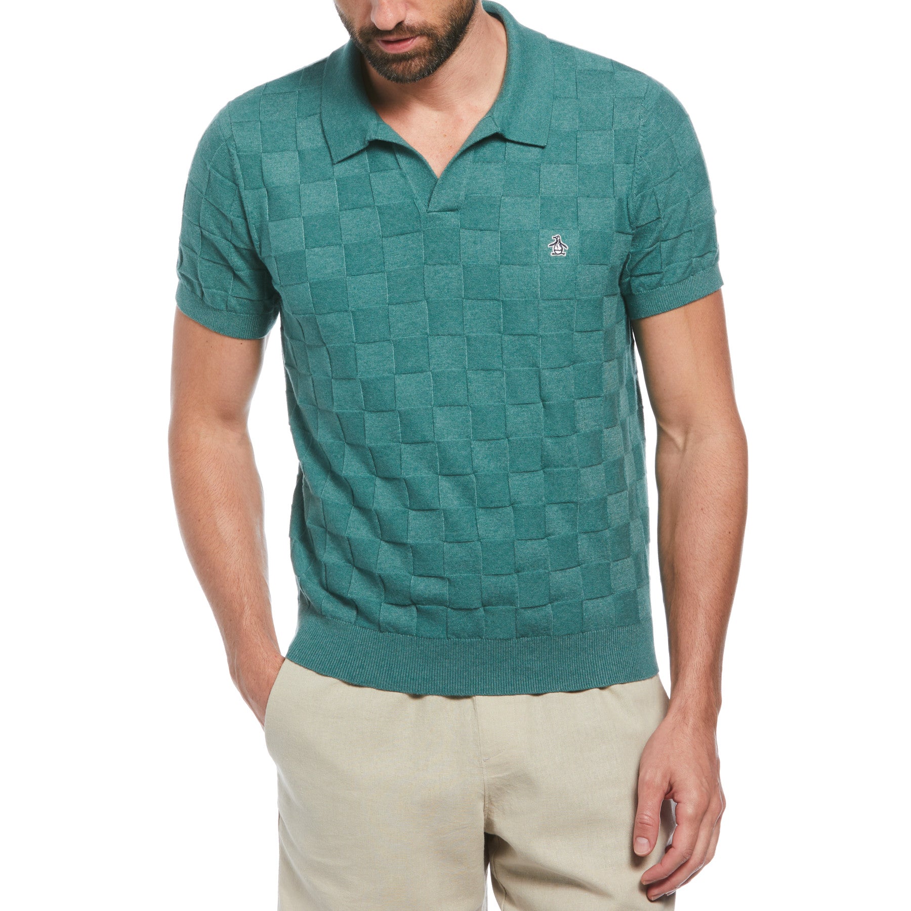 View Jacquard Johnny Collar Short Sleeve Polo Shirt Sweater In Sea Pine information