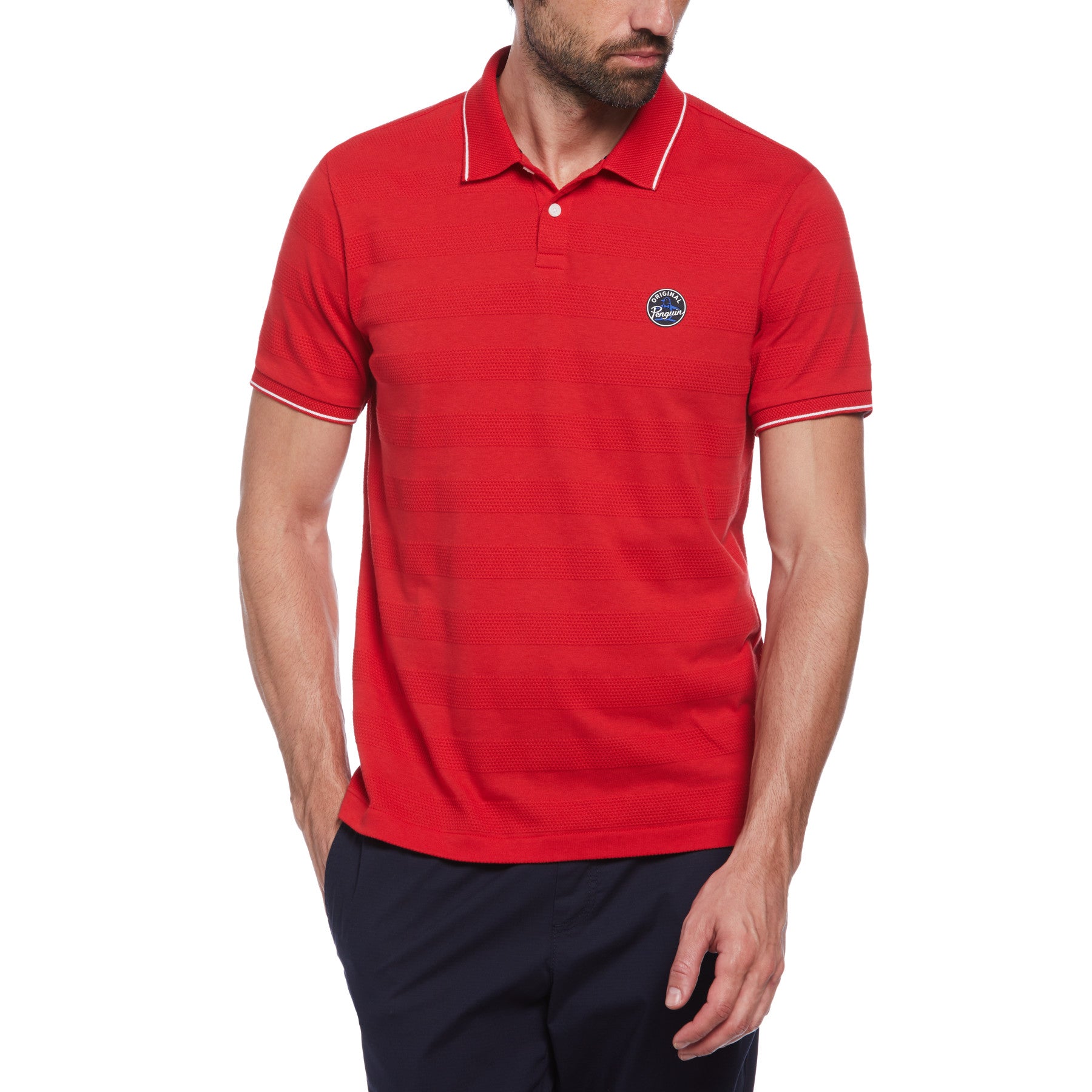 View Jacquard Honeycomb Pattern Short Sleeve Polo Shirt In Salsa information