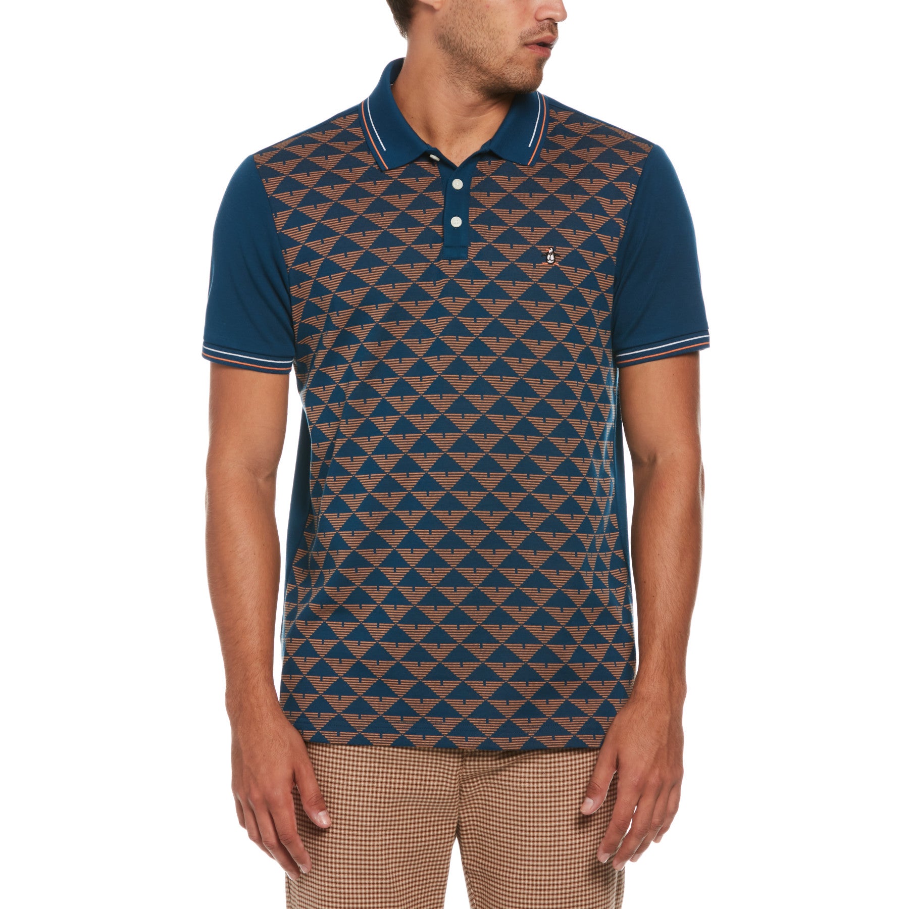 View Jacquard Front Geometric Print Polo Shirt In Poseidon Blue information