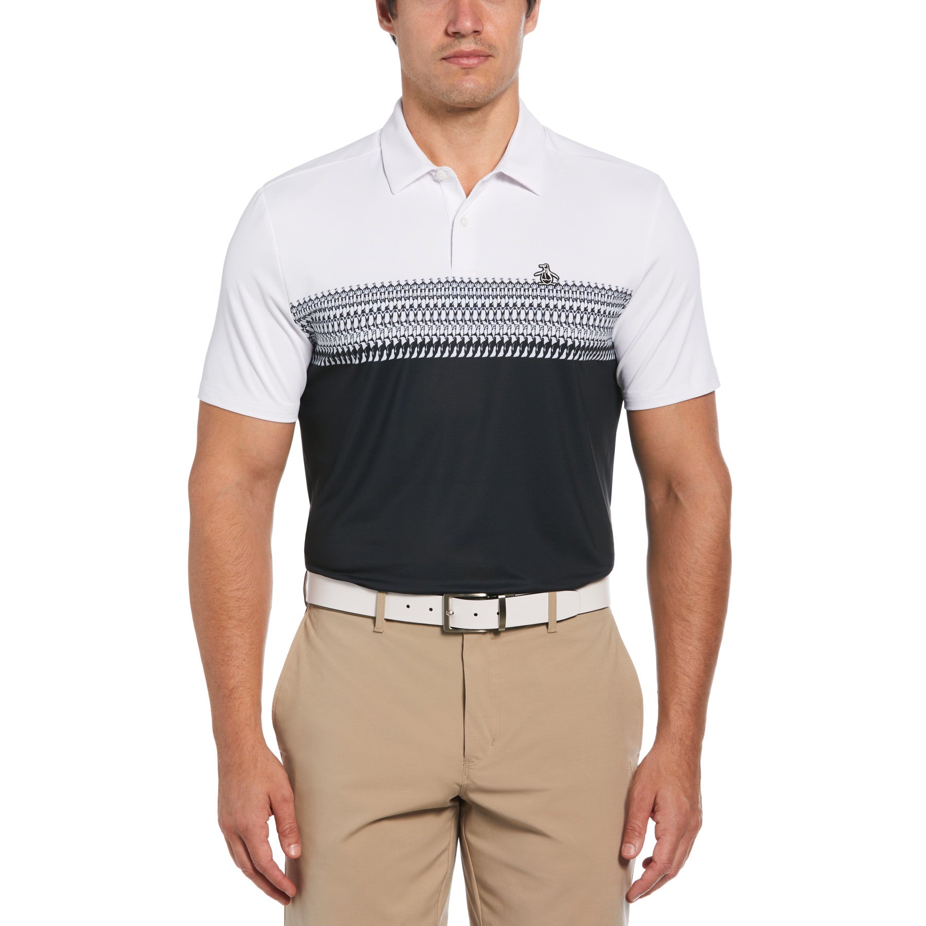 View Original Penguin Penguin Stripe Block Print Short Sleeve Golf Polo Shirt In Bright Whit White Mens information