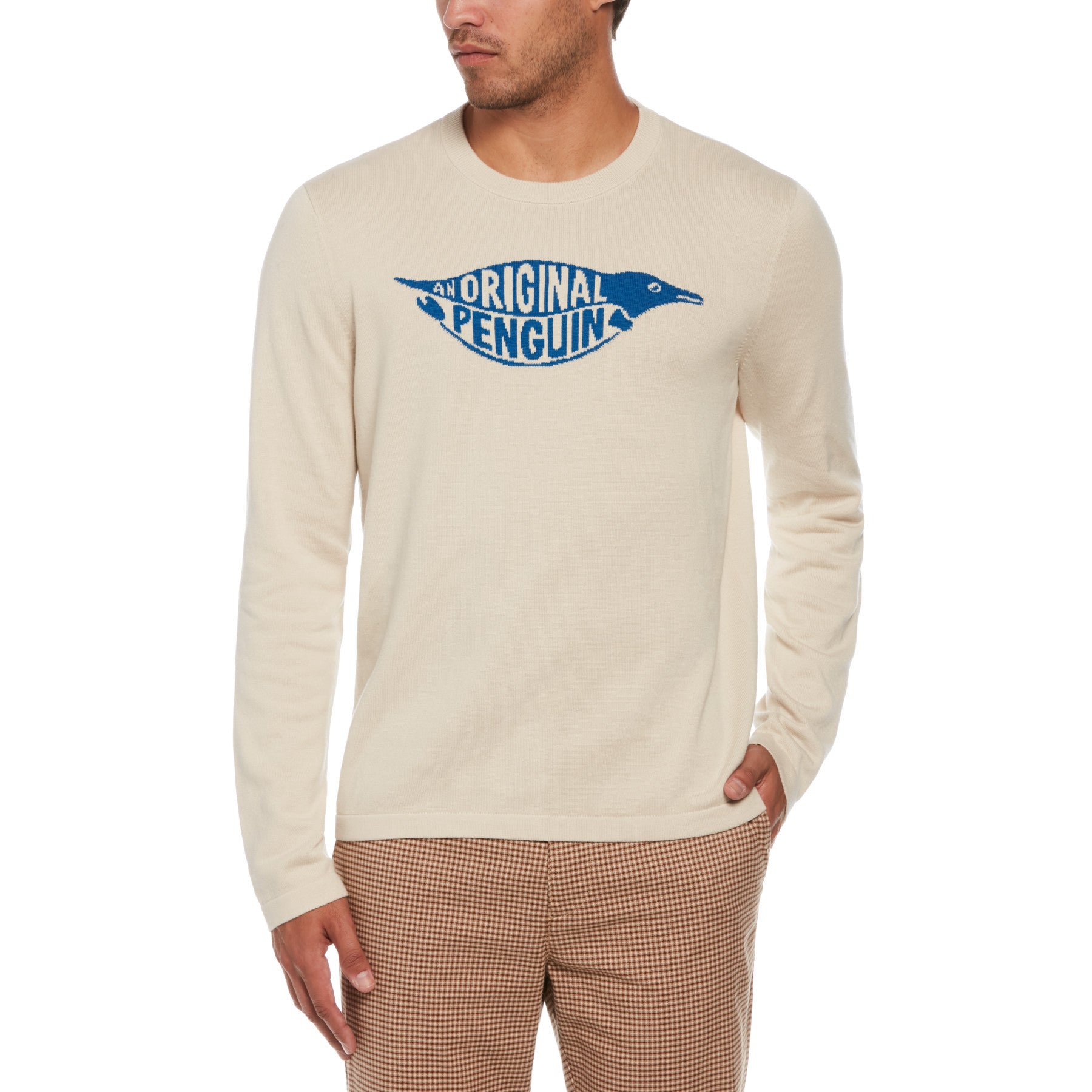 View Original Penguin Intarsia Original Penguin Logo Jumper In Oatmeal White Mens information