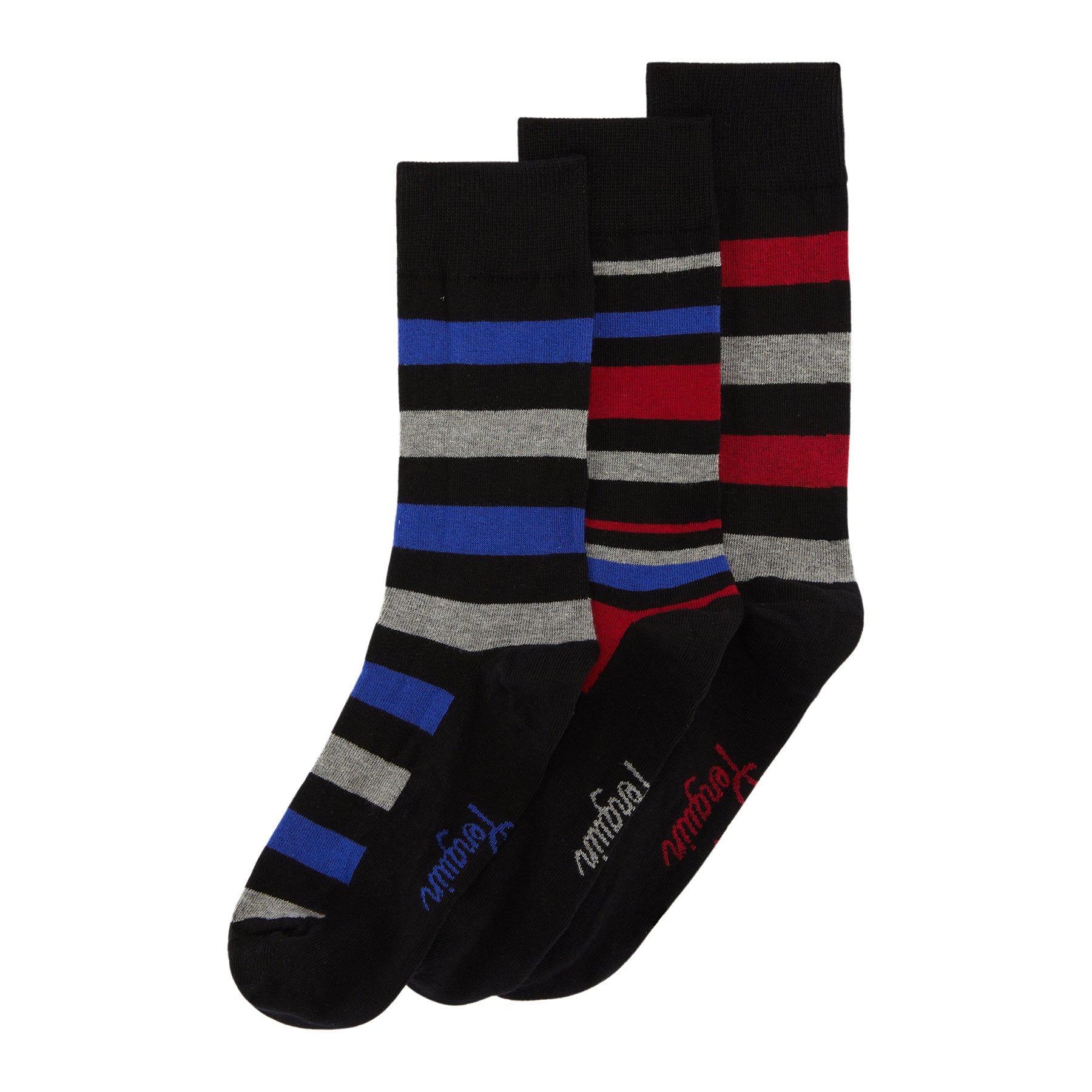 View 3 Pack Stripe Design Ankle Socks In Black Blue And Red information