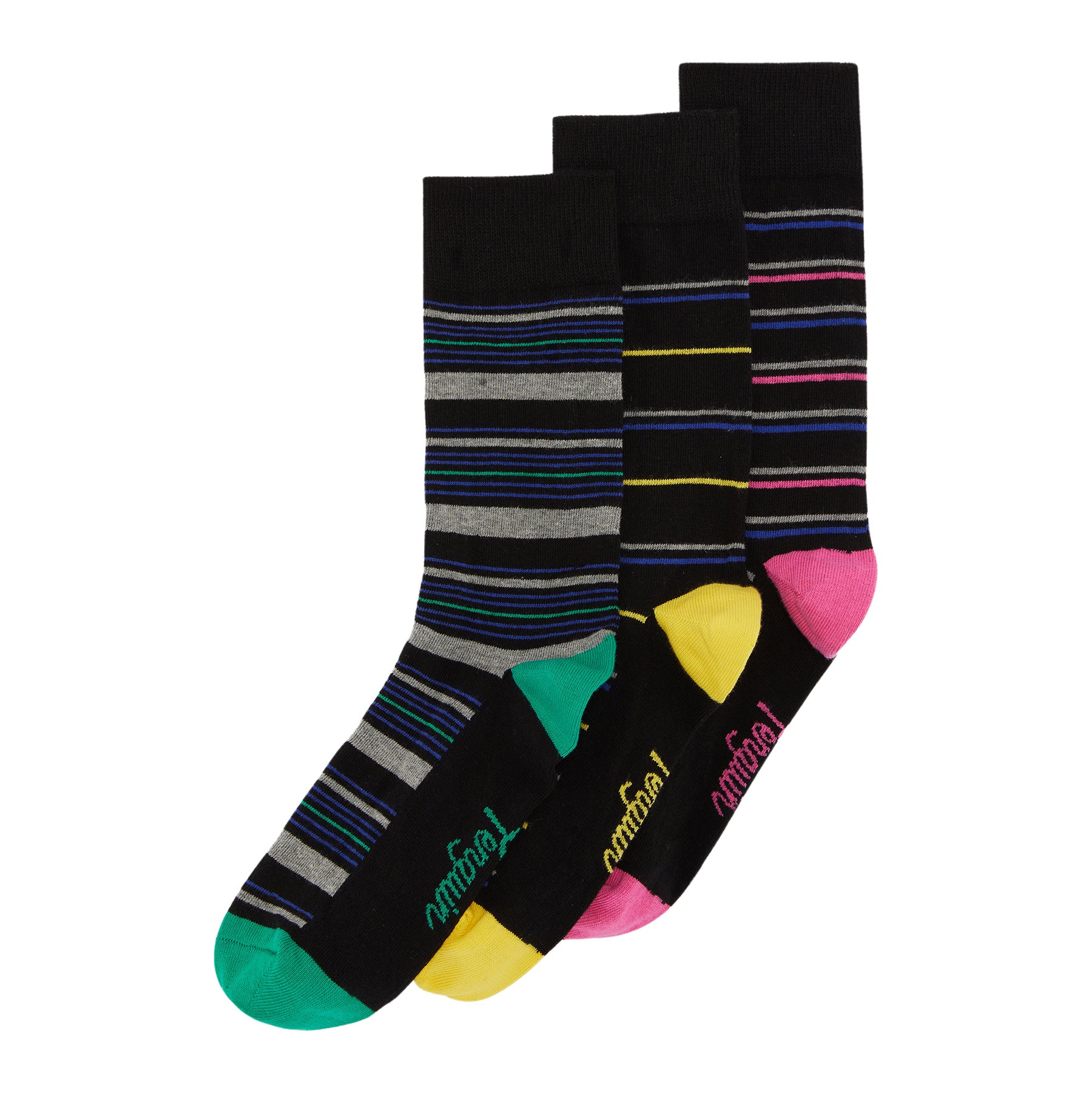 View 3 Pack Stripe Design Ankle Socks In Black And Grey information