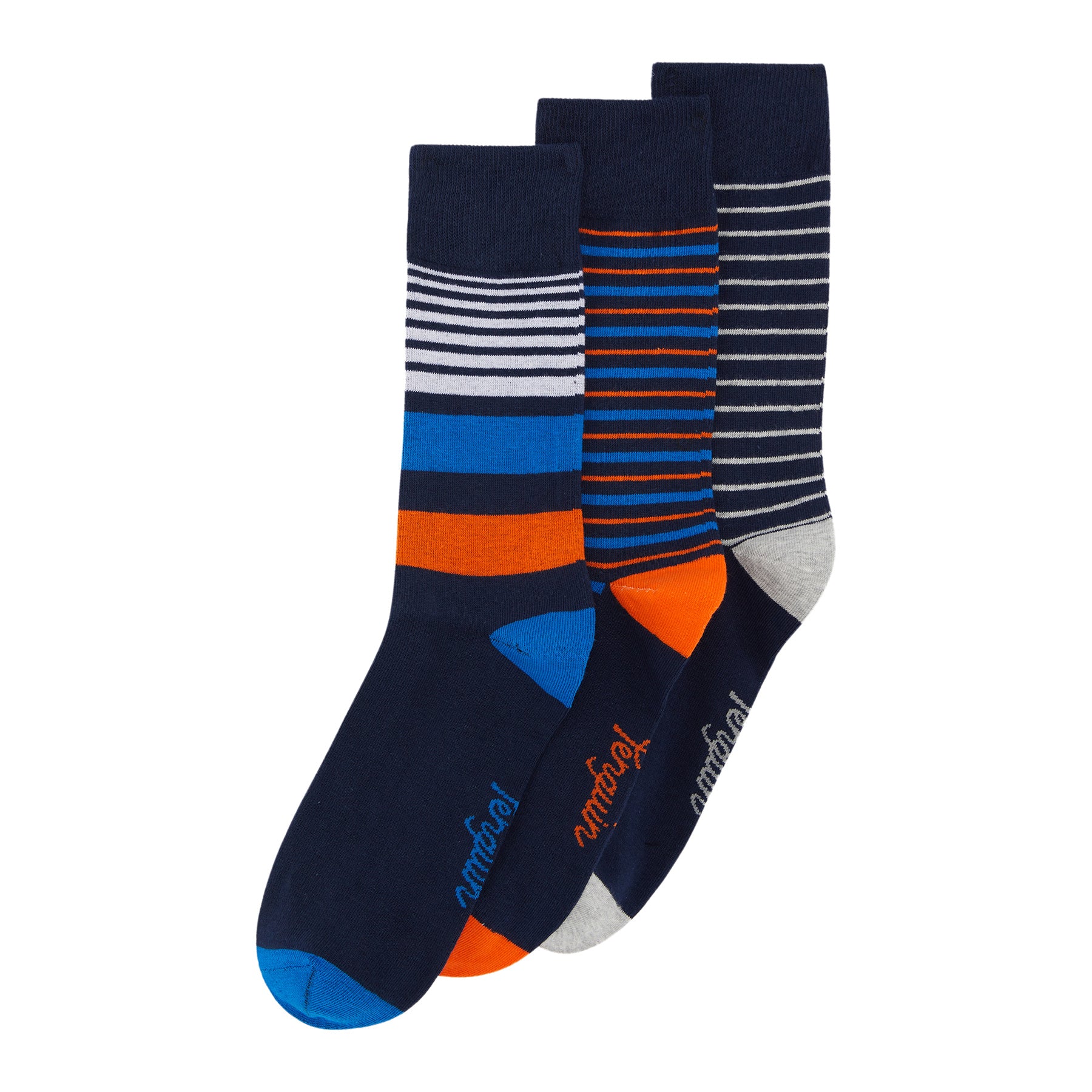 View 3 Pack Stripe Design Ankle Socks In Navy Blue And Orange information