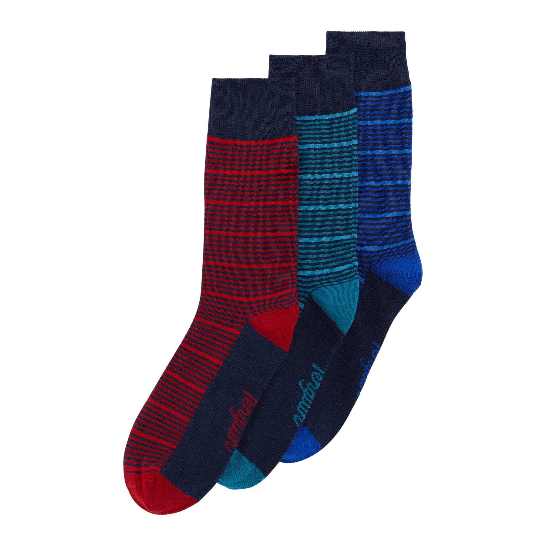 View 3 Pack Stripe Design Ankle Socks In Navy Red And Teal information