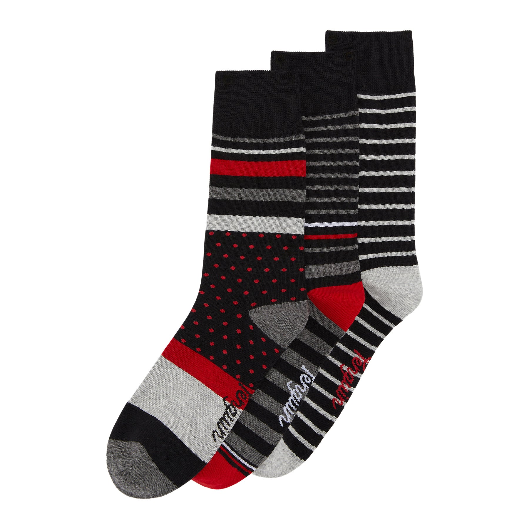 View 3 Pack Spot And Stripe Design Ankle Socks In Black And Red information