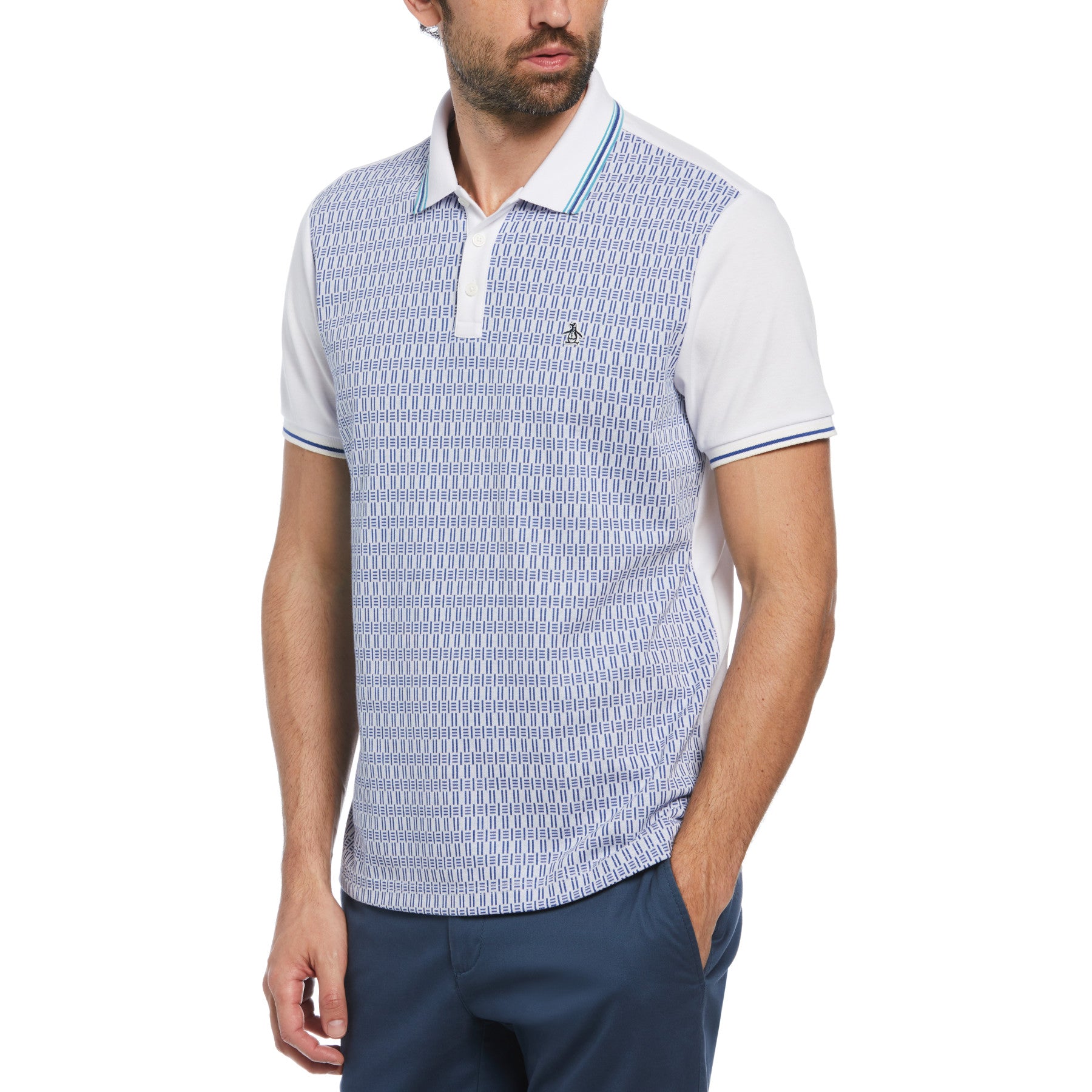 View Original Penguin Jacquard Front Interlock Polo Shirt In Bright White Blue Mens information