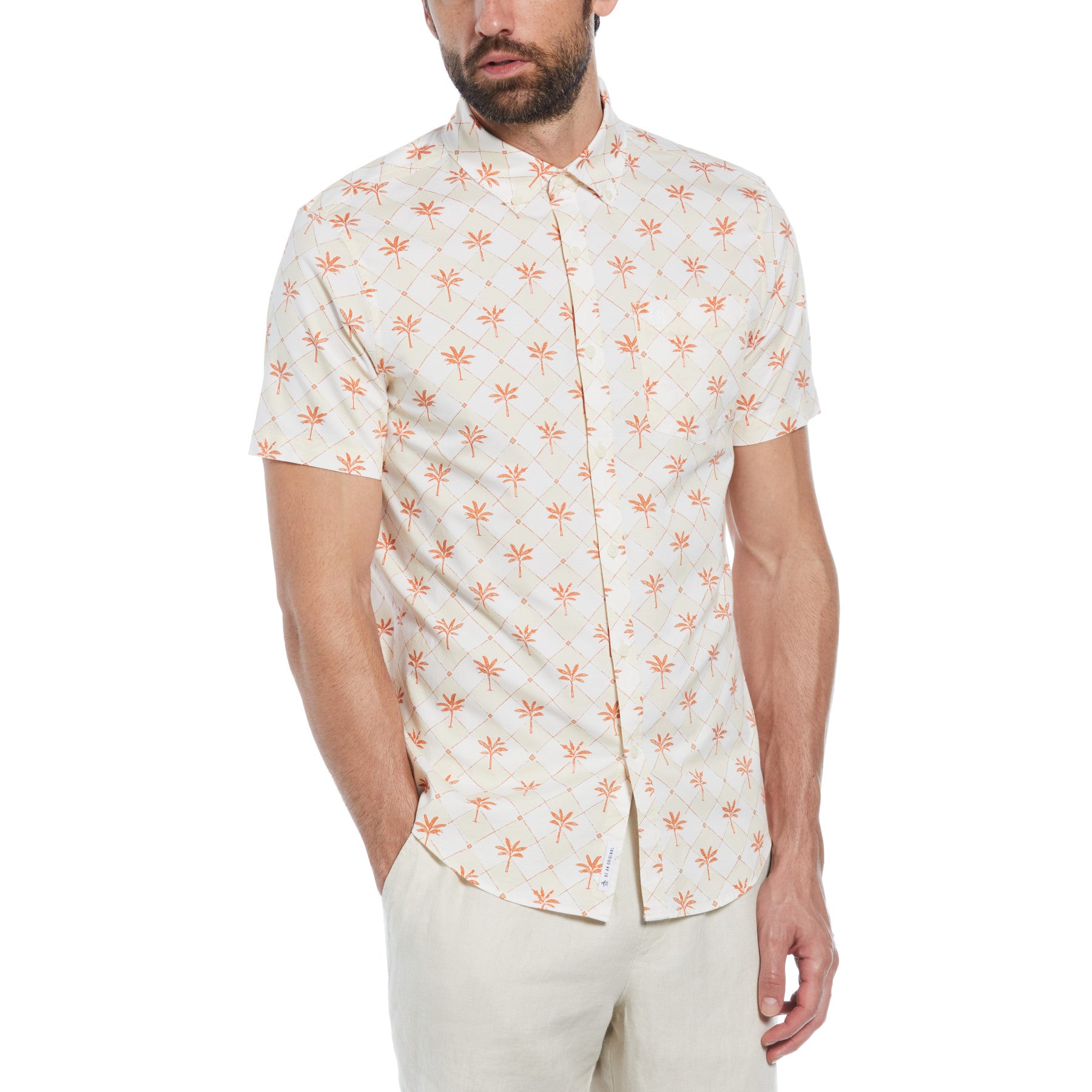 View Original Penguin Short Sleeve All Over Tee Time Print Polo Shirt In Birch Beige Mens information