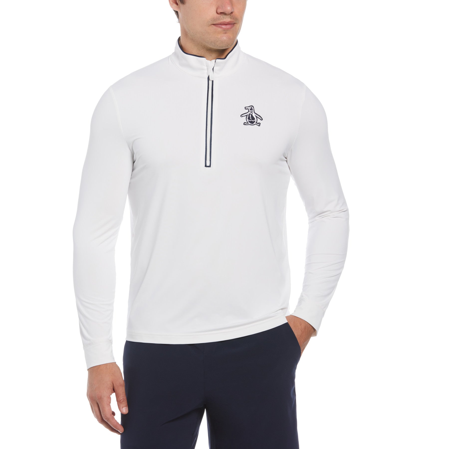 View Original Penguin Technical Earl 14 Zip Long Sleeve Golf Sweatshirt In Bright White White Mens information