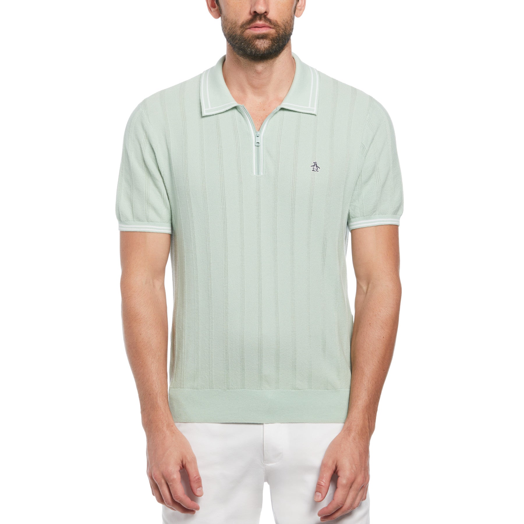 Cashmere-Like Cotton Tipped Short Sleeve Polo Shirt Sweater In Silt Green