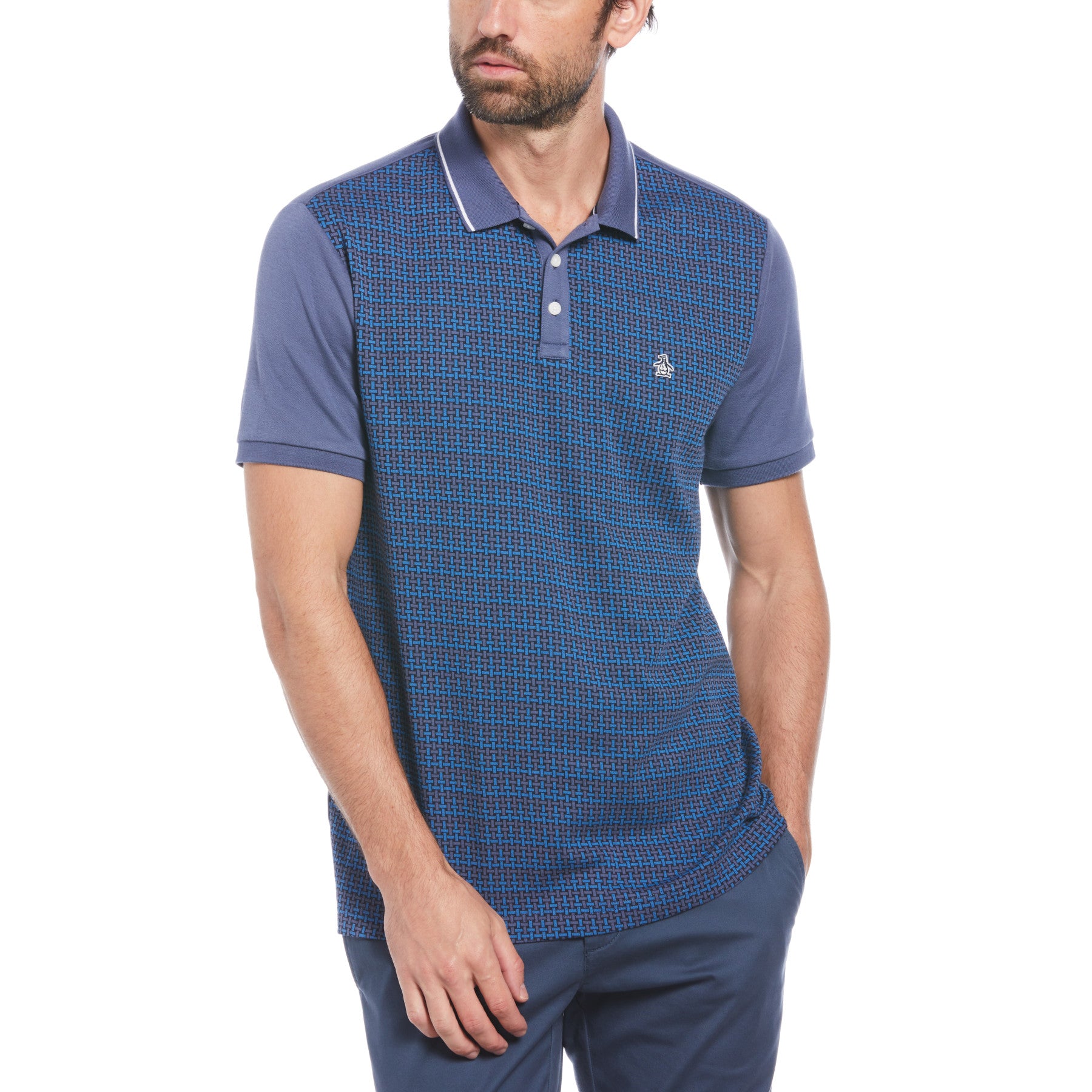 View Jacquard Front Basketweave Pattern Short Sleeve Polo Shirt In Blue Ind information