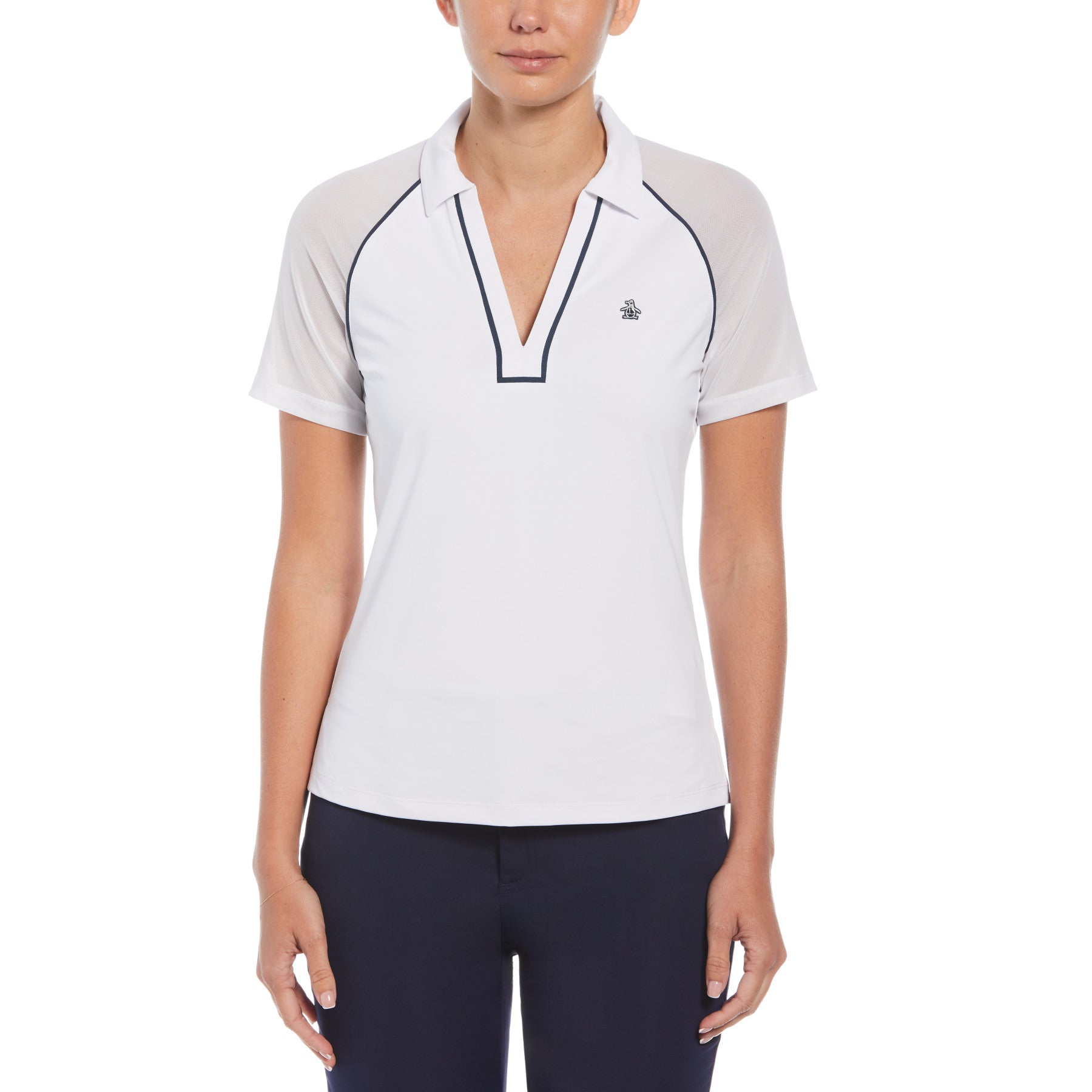 View Womens VNeck Mesh Block Short Sleeve Golf Polo Shirt With Contrast P information