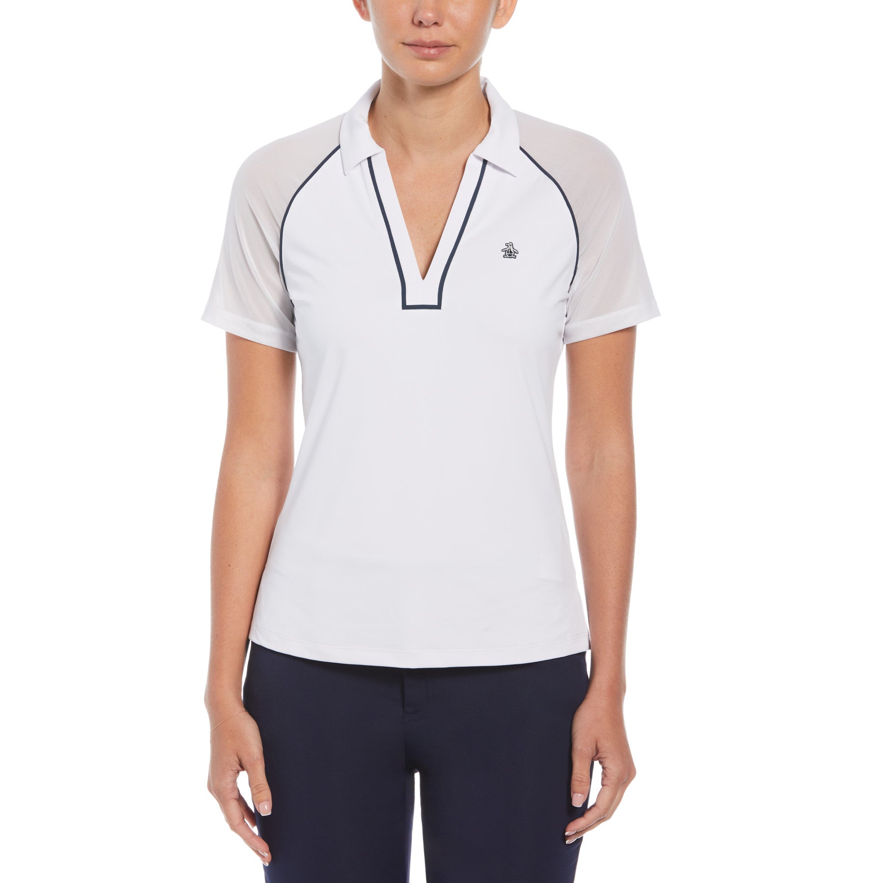 Women’s V-Neck Mesh Block Short Sleeve Golf Polo Shirt With Contrast Piping In Bright White