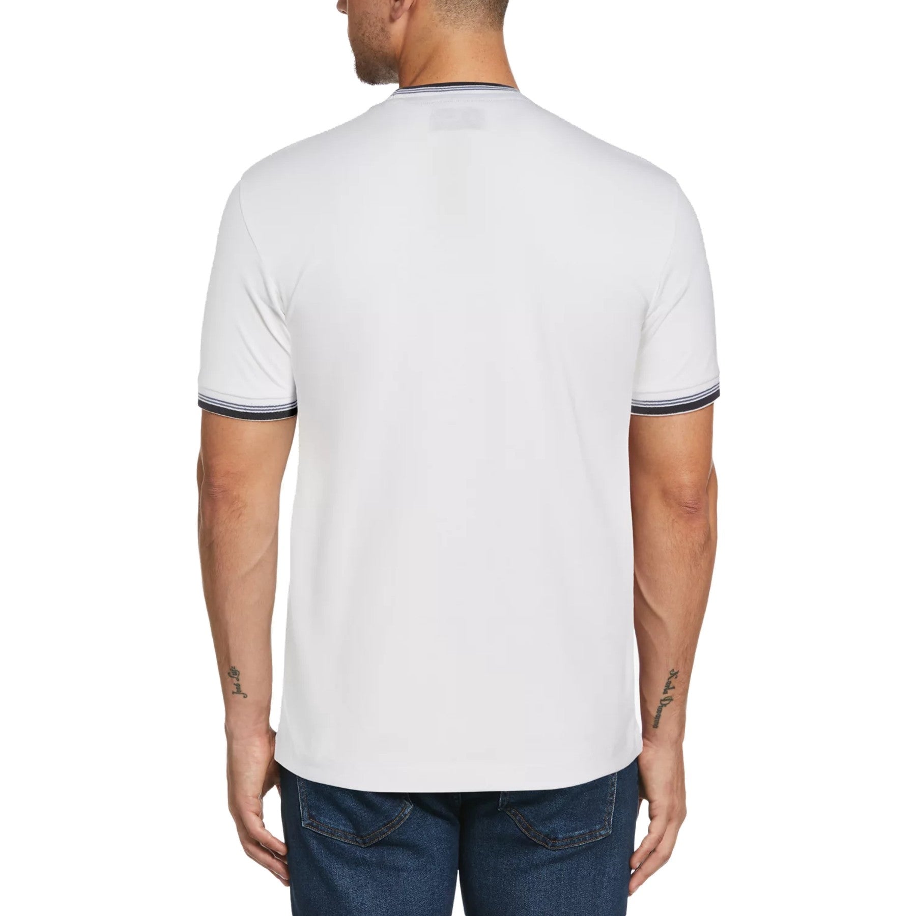 View Original Penguin Sticker Pete Tipped Ringer Organic Cotton TShirt In Bright White White Mens information